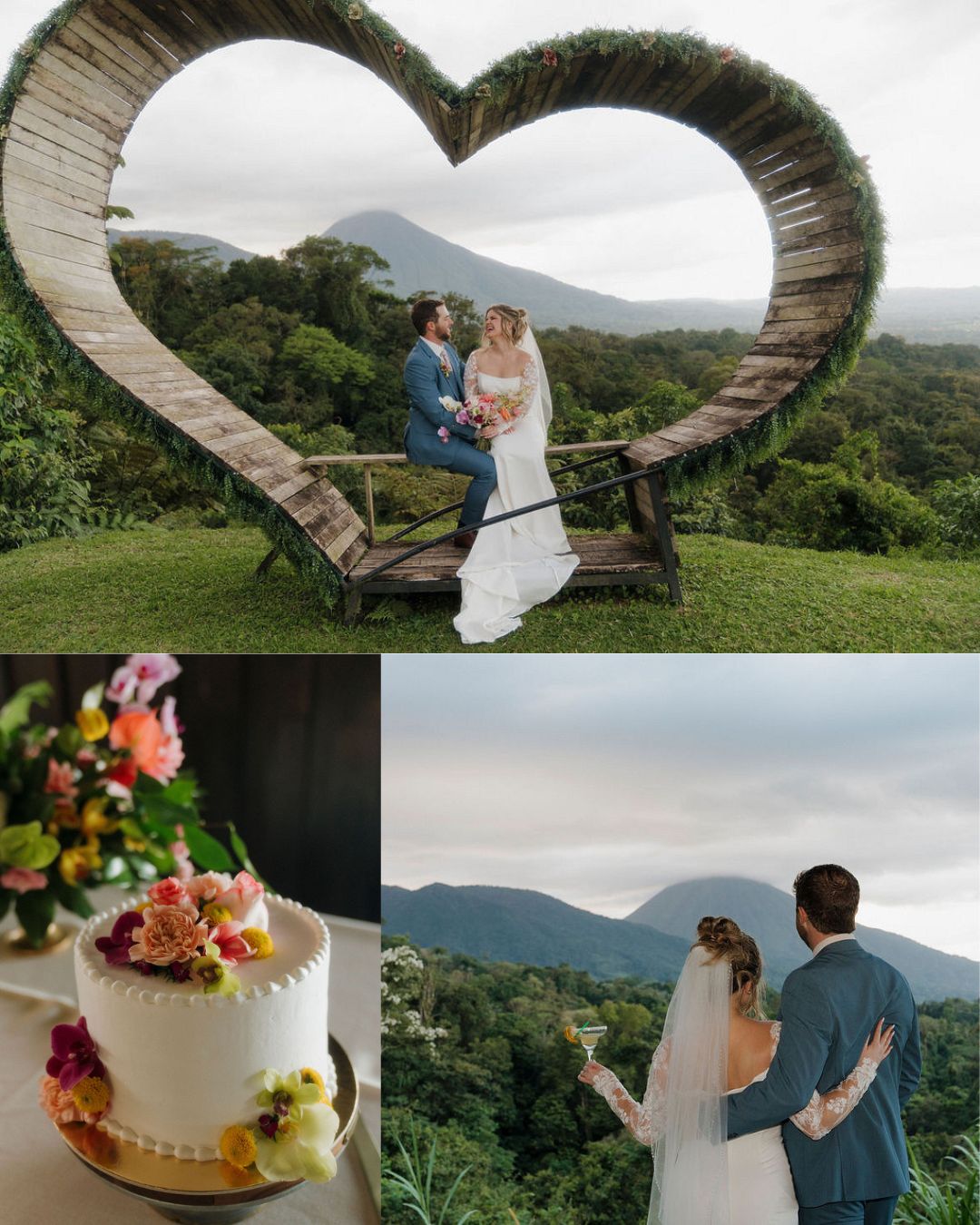 A bride and groom pose in front of a large heart-shaped sculpture outdoors; below are a wedding cake and the couple viewing a scenic mountain landscape.