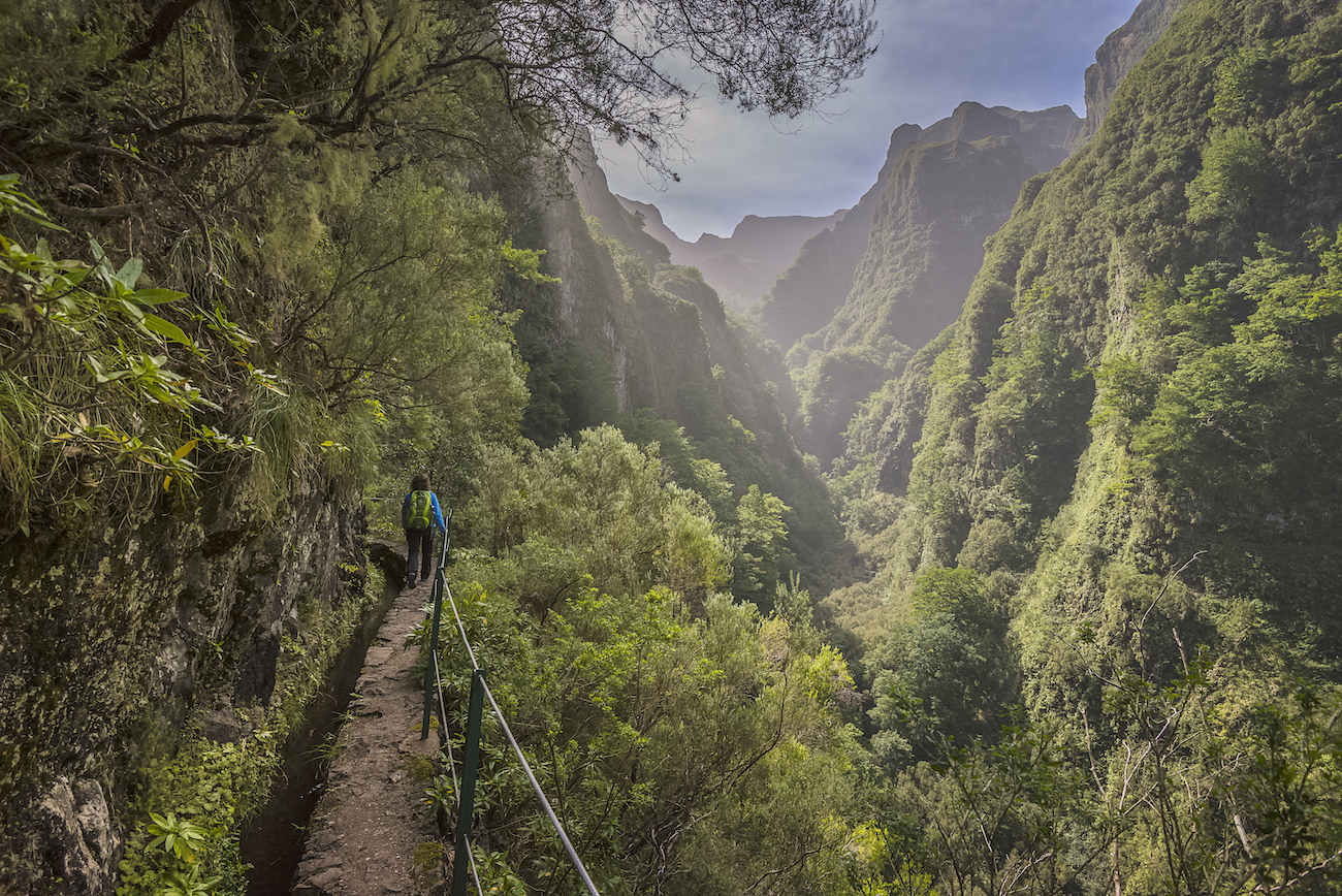 A person walks on a narrow path along a lush, green canyon with steep cliffs and dense vegetation under a partly cloudy sky.