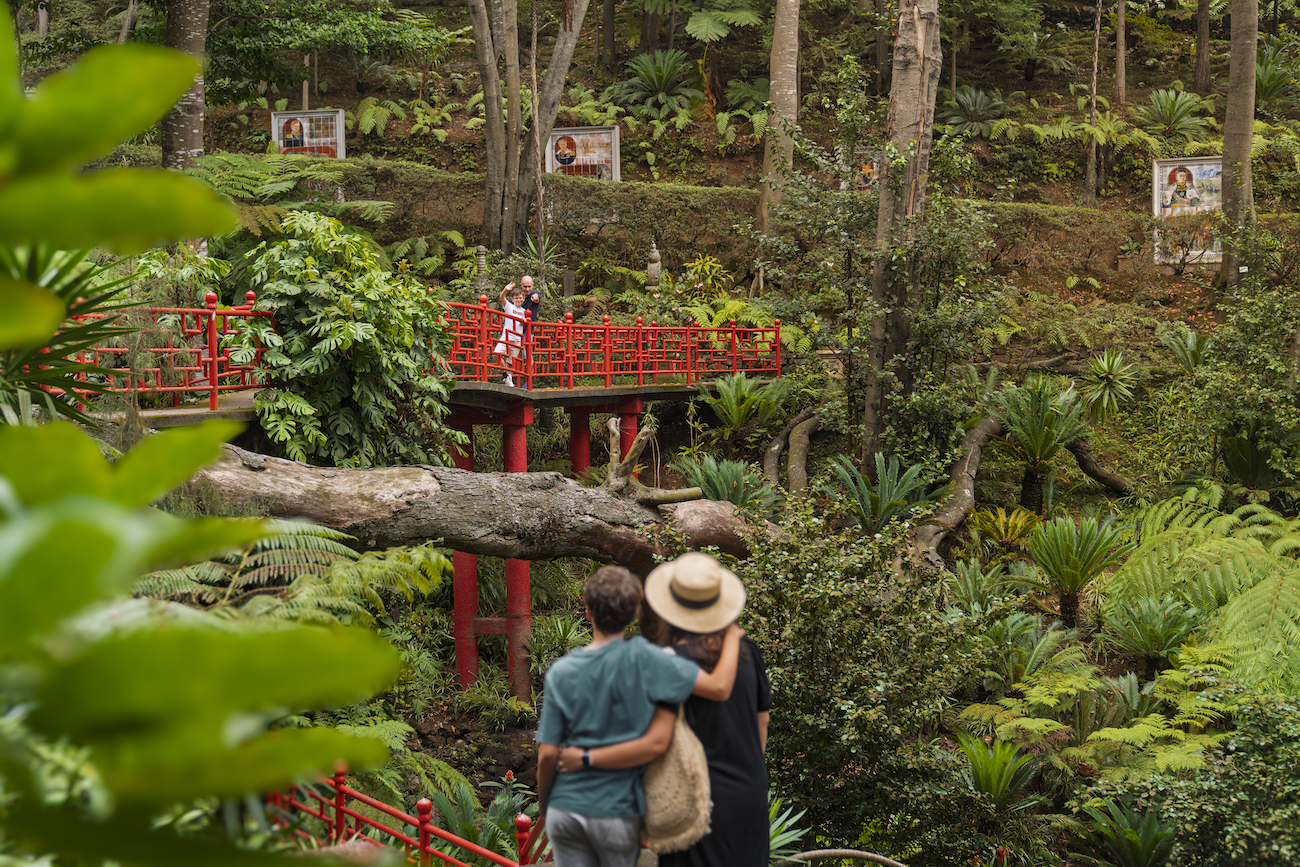 Two people stand together in a lush garden observing another pair on a red bridge surrounded by dense greenery and trees.