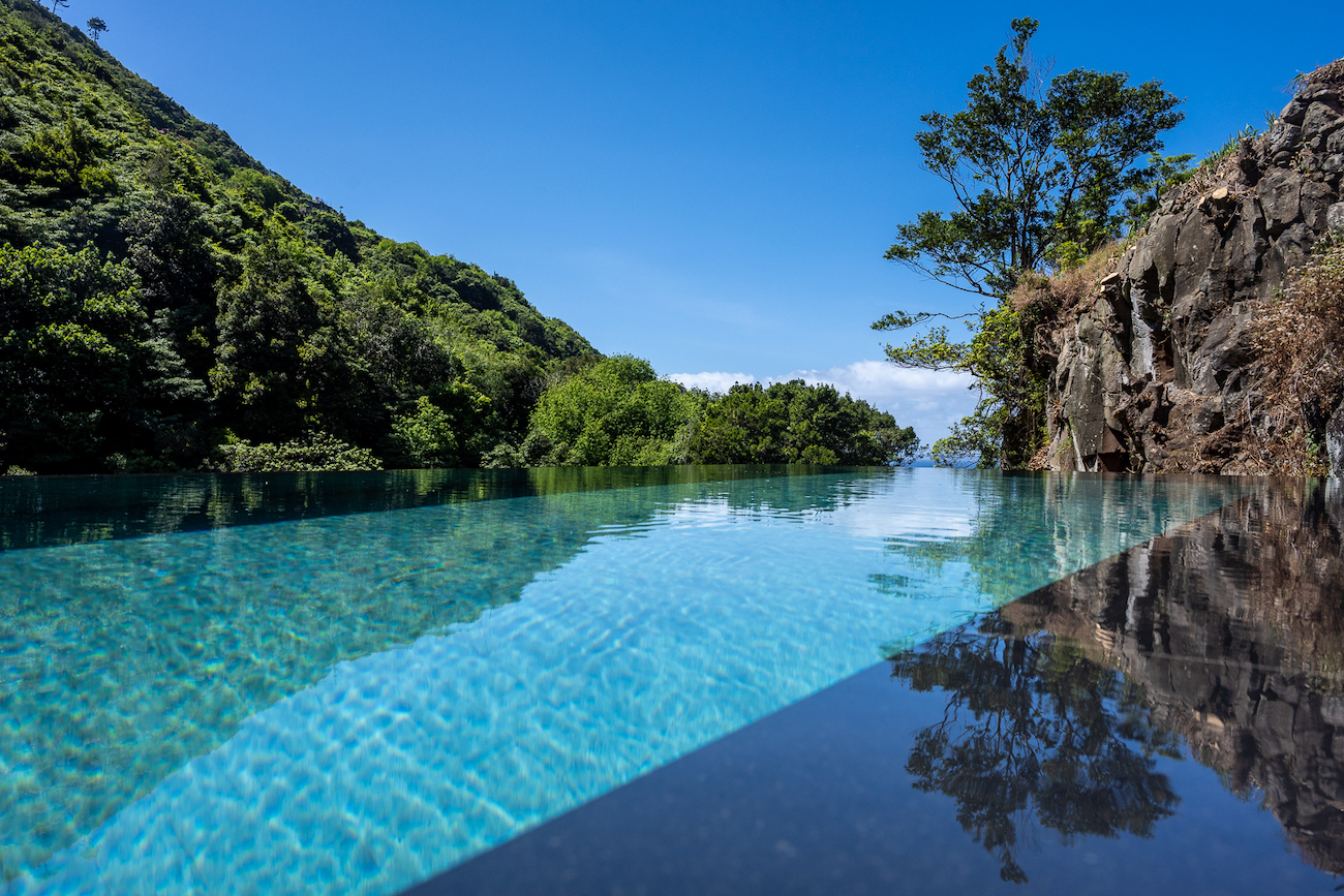 An infinity pool with clear blue water overlooks lush green hills and trees under a bright blue sky.