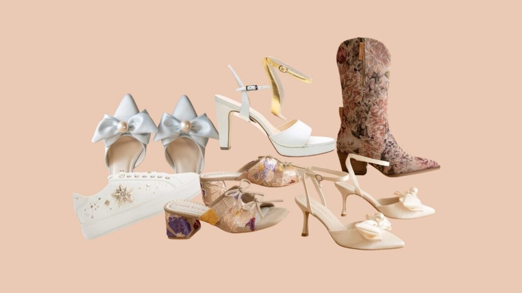 A collection of women's shoes, including white heels with bows, embellished sneakers, floral mules, strappy heels, and a patterned cowboy boot, displayed on a beige background.