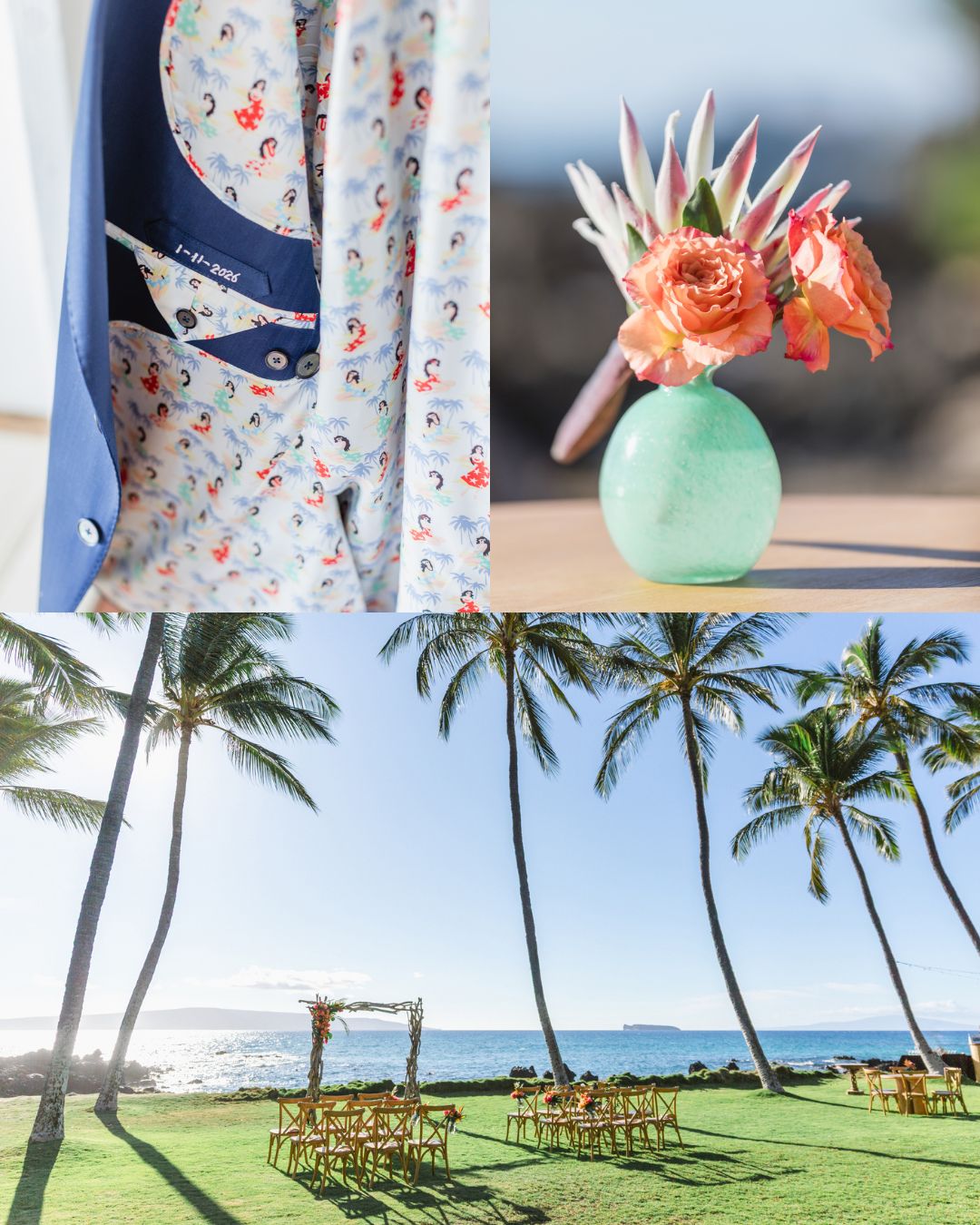 A three-panel details and venue collage: top left shows the groom's navy suit jacket open to reveal a fun hula dancer-print dress shirt with "1-11-2026" embroidered on the inner pocket; top right features a small mint green vase holding a vibrant arrangement of coral roses and tropical blooms; bottom is a wide shot of the ceremony setup at White Orchid Beach House — a driftwood arch, wooden cross-back chairs, and sweeping ocean views framed by tall palm trees.