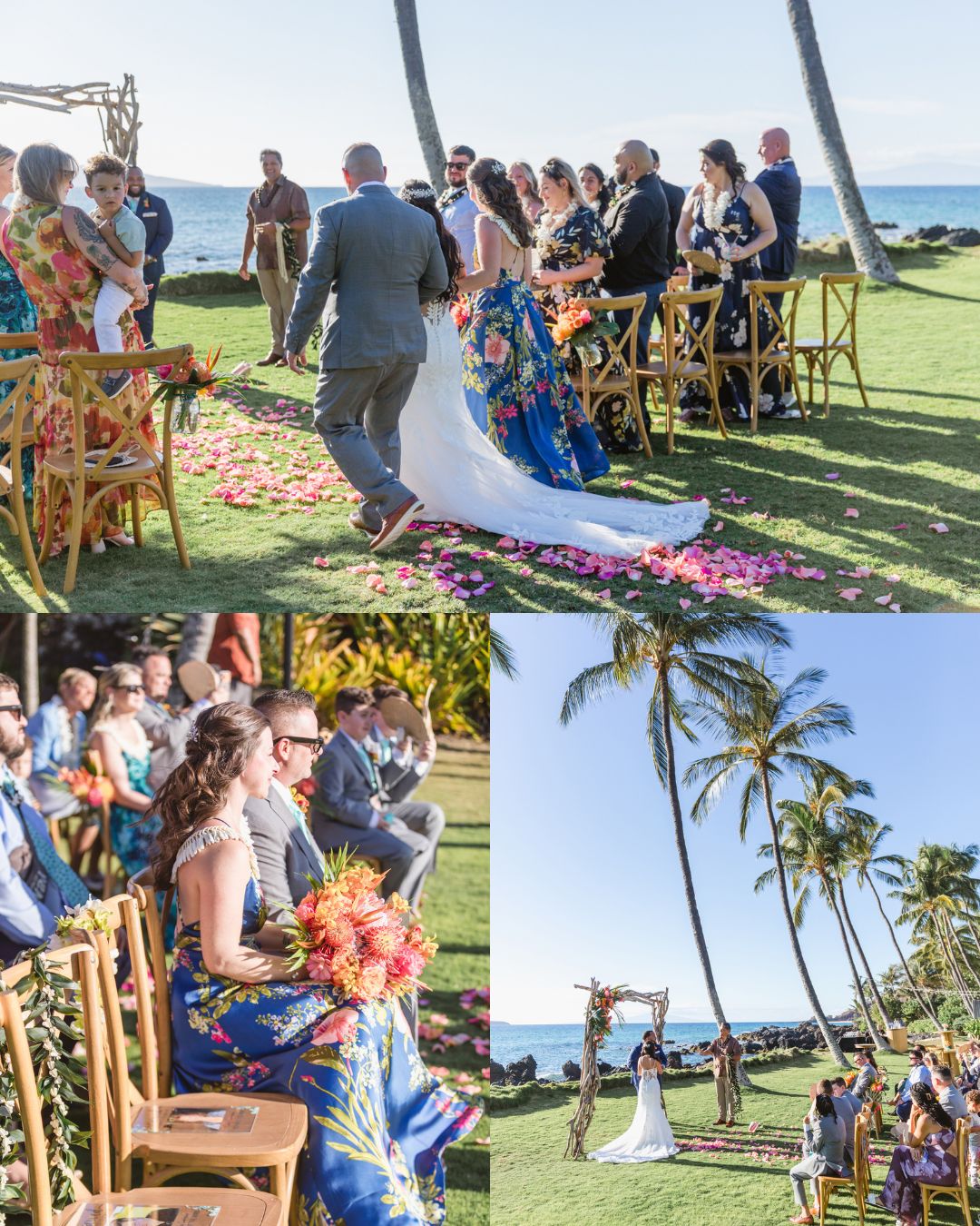 A three-panel ceremony collage: top shows Crystal walking down the aisle on a petal-strewn lawn toward the altar, escorted by a family member, with the ocean behind the wedding party; bottom left captures a bridesmaid in a navy floral gown holding a lush tropical bouquet while watching the ceremony; bottom right is a wide-angle view of the full ceremony in progress under the driftwood arch with the Pacific Ocean as a backdrop.