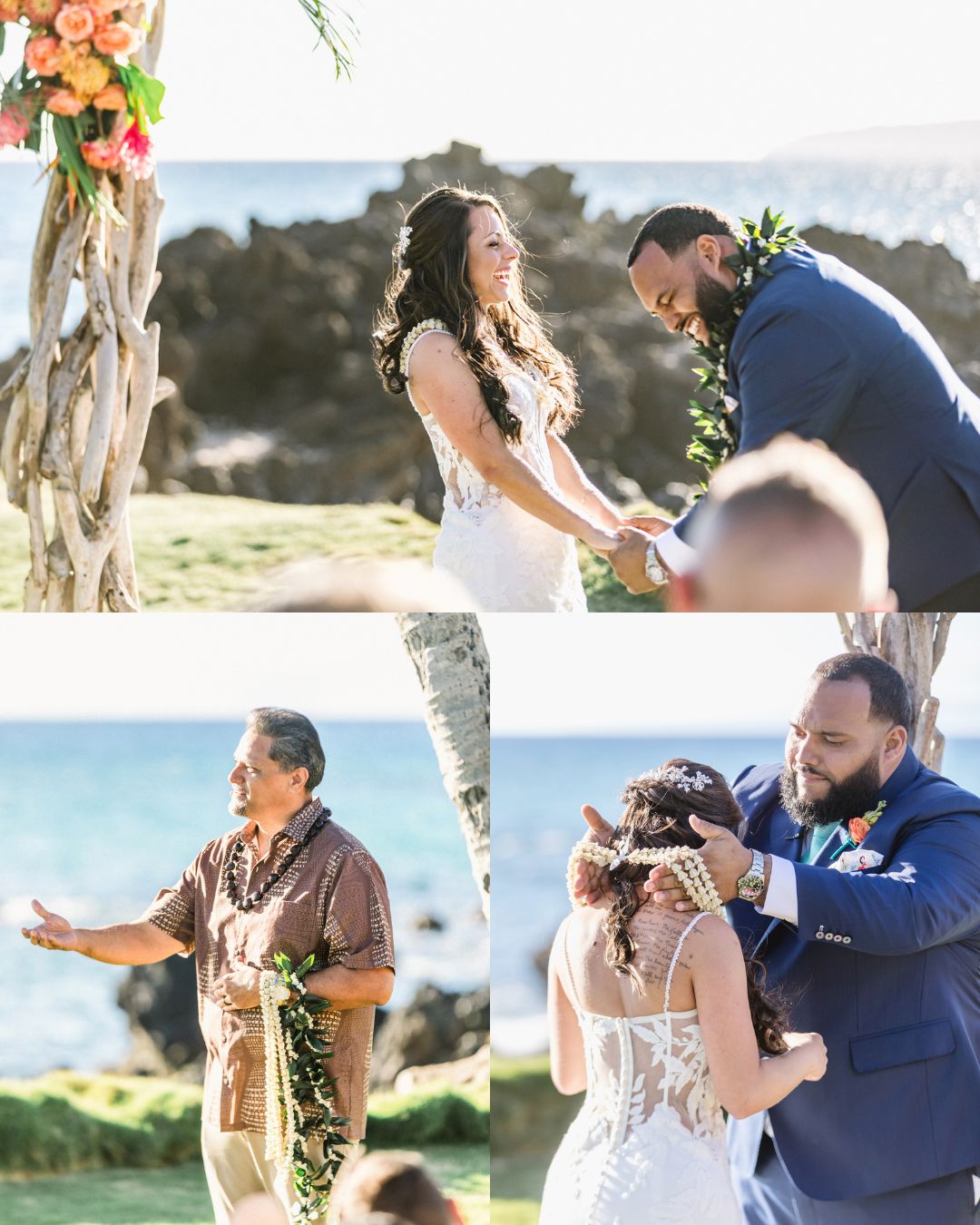A three-panel ceremony moments collage: top shows Crystal beaming as Luis holds her hands at the altar, both wearing lei, with lava rocks and ocean behind them; bottom left features officiant Rev. Tino Rosete gesturing warmly during the ceremony, adorned in a brown aloha shirt and traditional lei; bottom right captures Luis gently placing a lei around Crystal's neck during the traditional Hawaiian lei exchange.