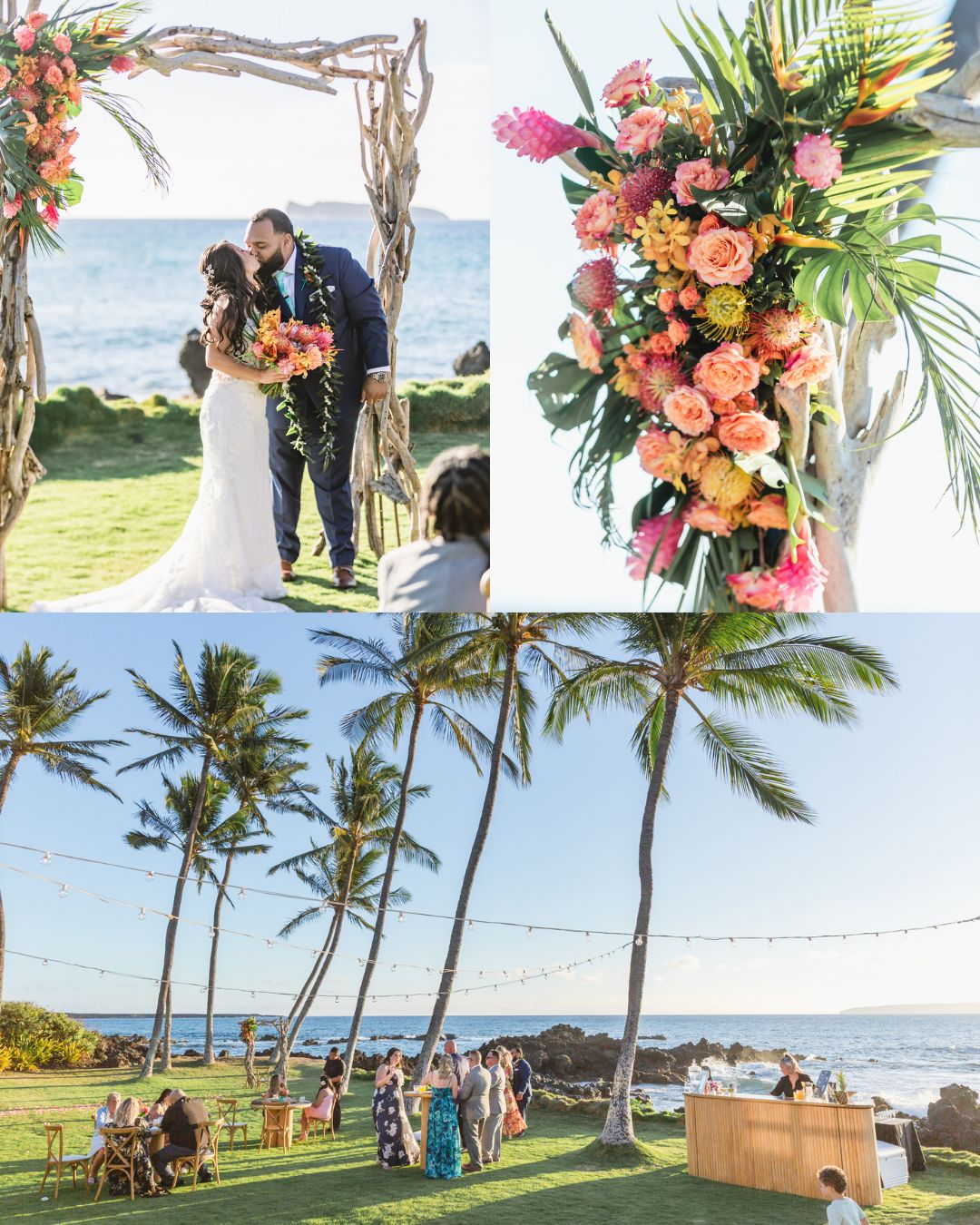 A three-panel first kiss and reception collage: top left shows Crystal and Luis sharing their first kiss as a married couple beneath the driftwood arch with the ocean behind them; top right is a close-up of the lush tropical bouquet bursting with protea, pink ginger, roses, birds of paradise, and monstera leaves; bottom is a wide shot of cocktail hour underway on the oceanfront lawn, with string lights strung between palm trees and guests mingling near a bamboo bar.