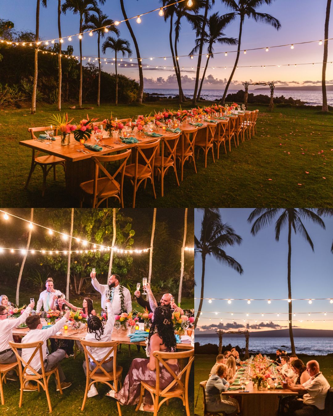 Two images show a long outdoor dining table set with flowers and lights; one image shows the table empty at sunset, the other shows guests eating and toasting under string lights.