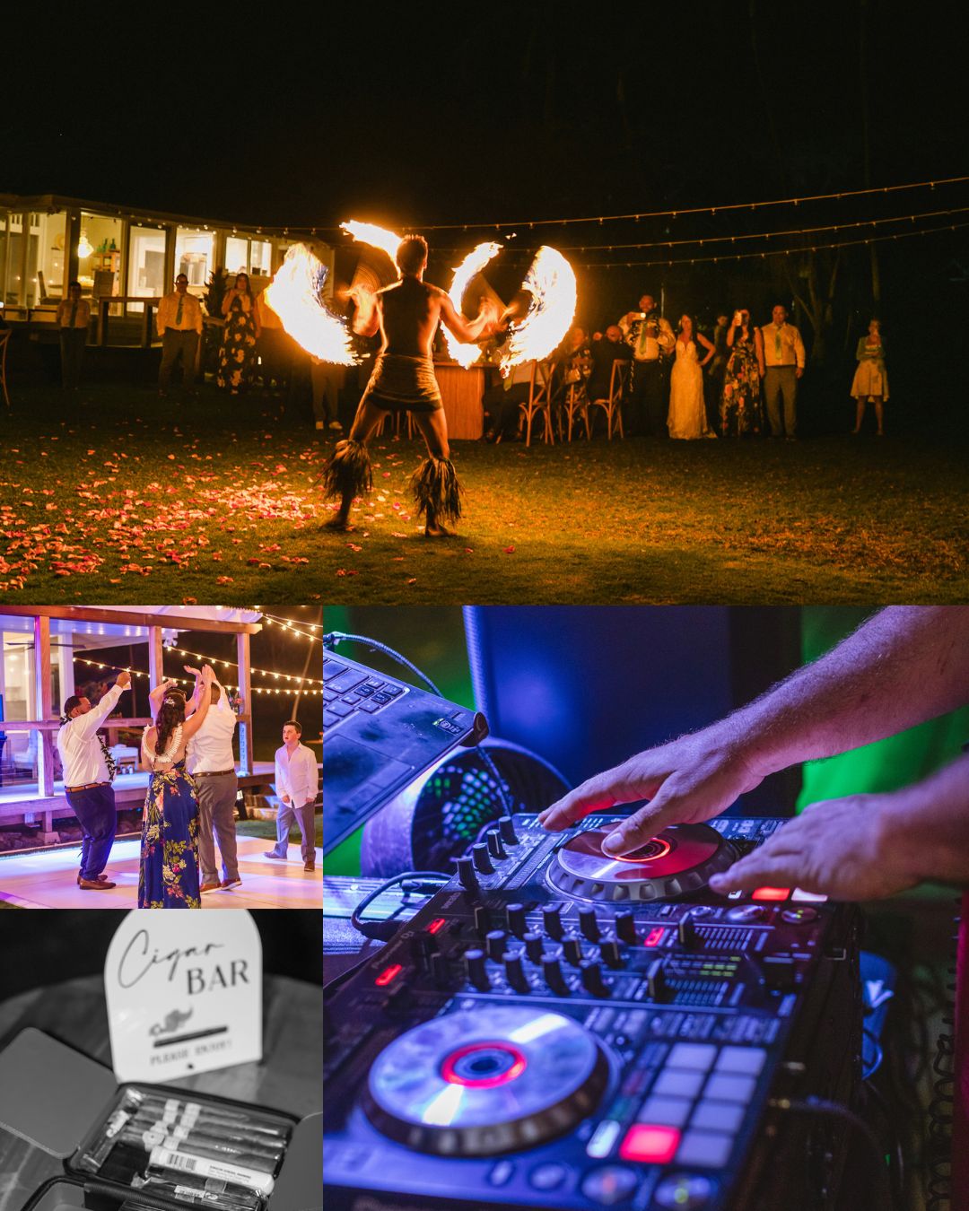 A collage showing a fire performance at night, people dancing, a DJ mixing music, and an open cigar bar sign with cigars displayed.