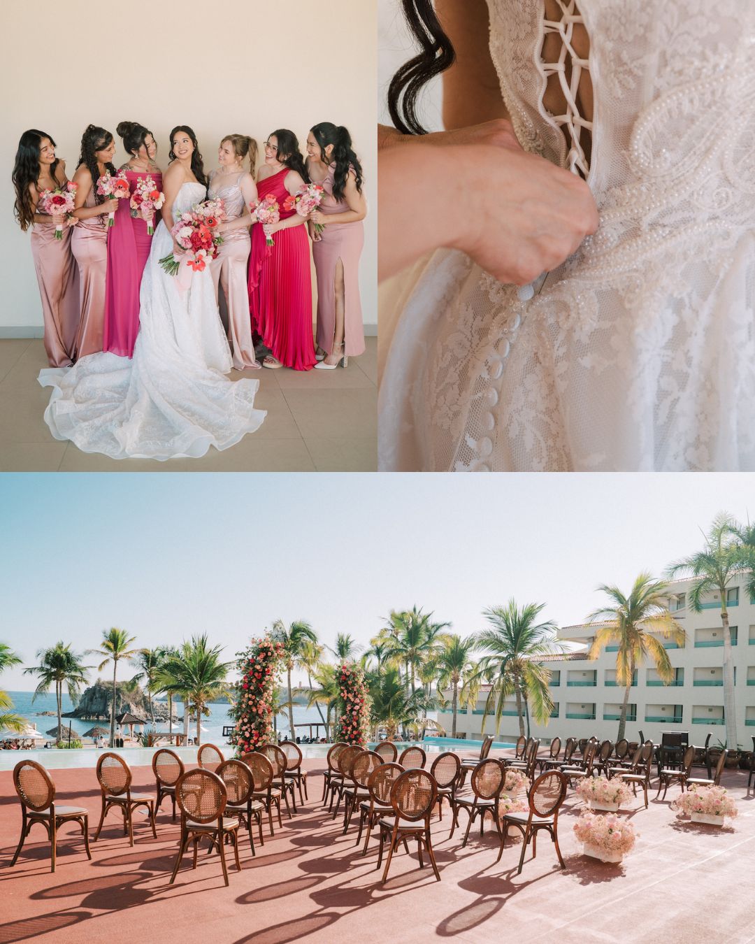 A bride with bridesmaids in pink outfits, a close-up of a lace wedding dress being fastened, and an outdoor wedding setup by a pool with empty chairs and palm trees.