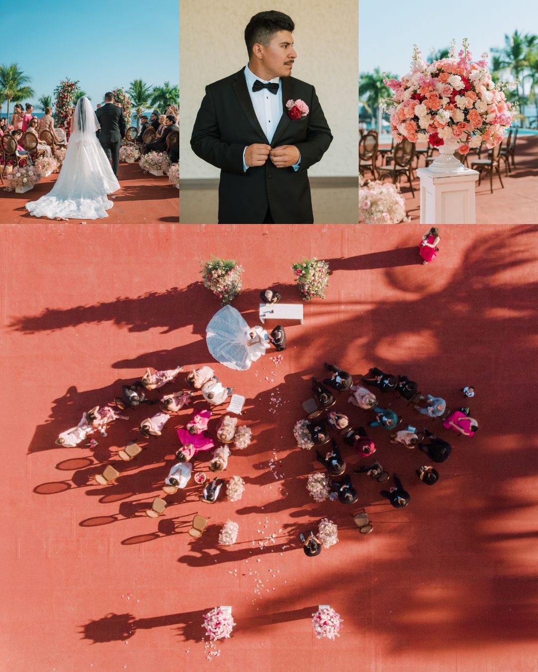 A wedding ceremony outdoors, with a bride and groom at the altar, a groom in a tuxedo, and an overhead view of guests seated in rows on a red surface.