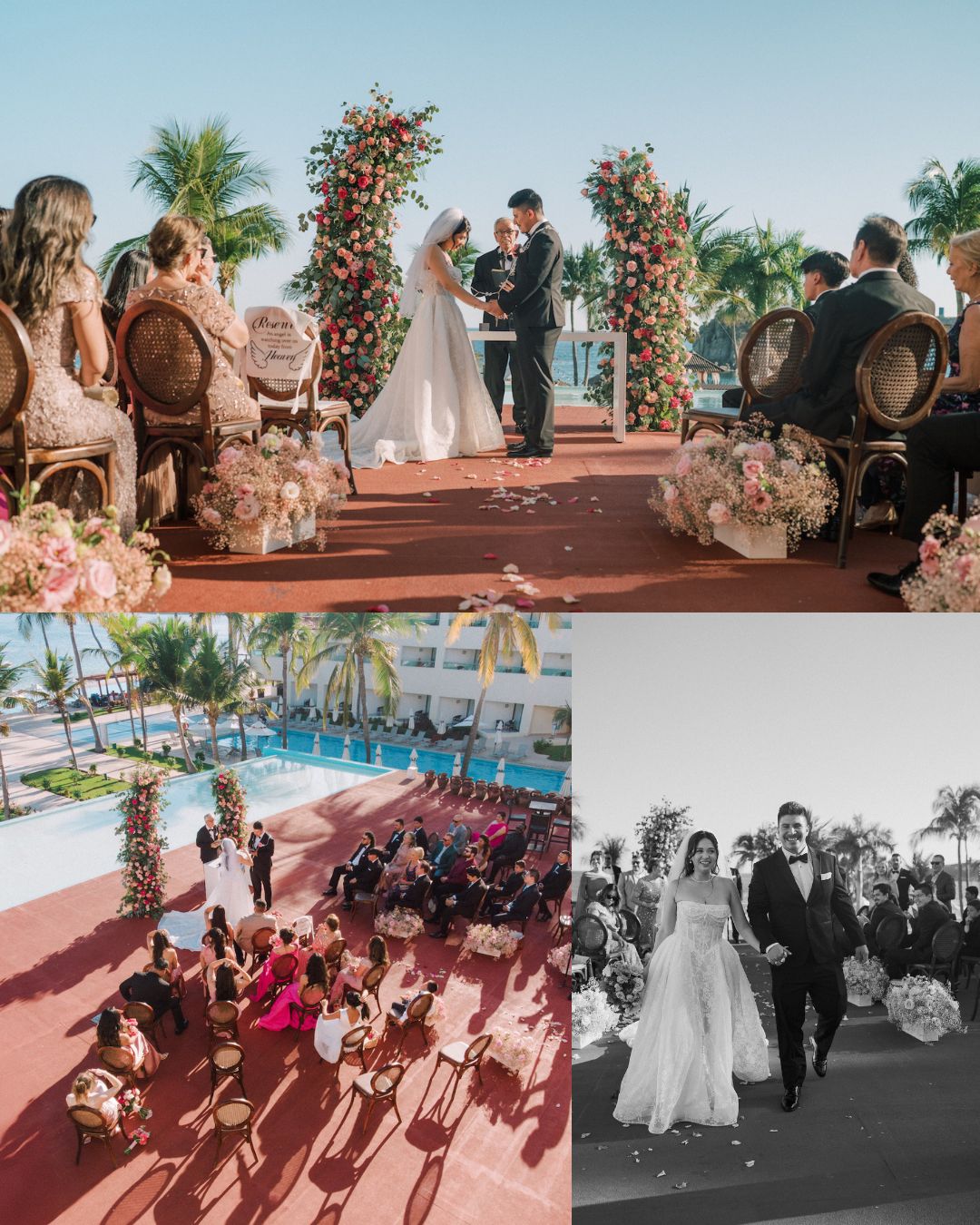 A couple gets married outdoors by the water, with guests seated around them; the scene includes floral decorations and palm trees.
