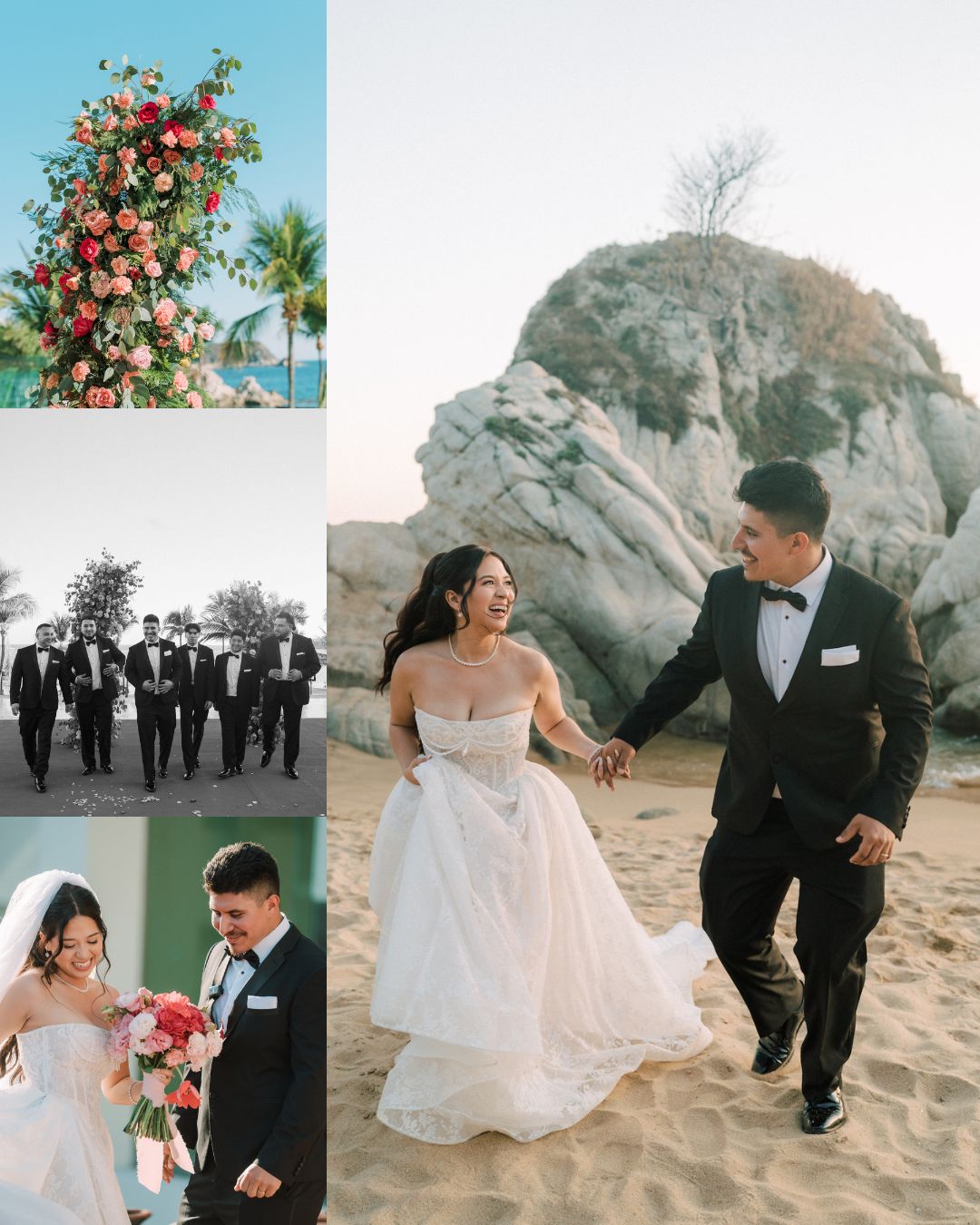 Collage of wedding scenes: a floral arrangement, groomsmen walking, bride holding bouquet, and a bride and groom walking on a sandy beach with rocks.