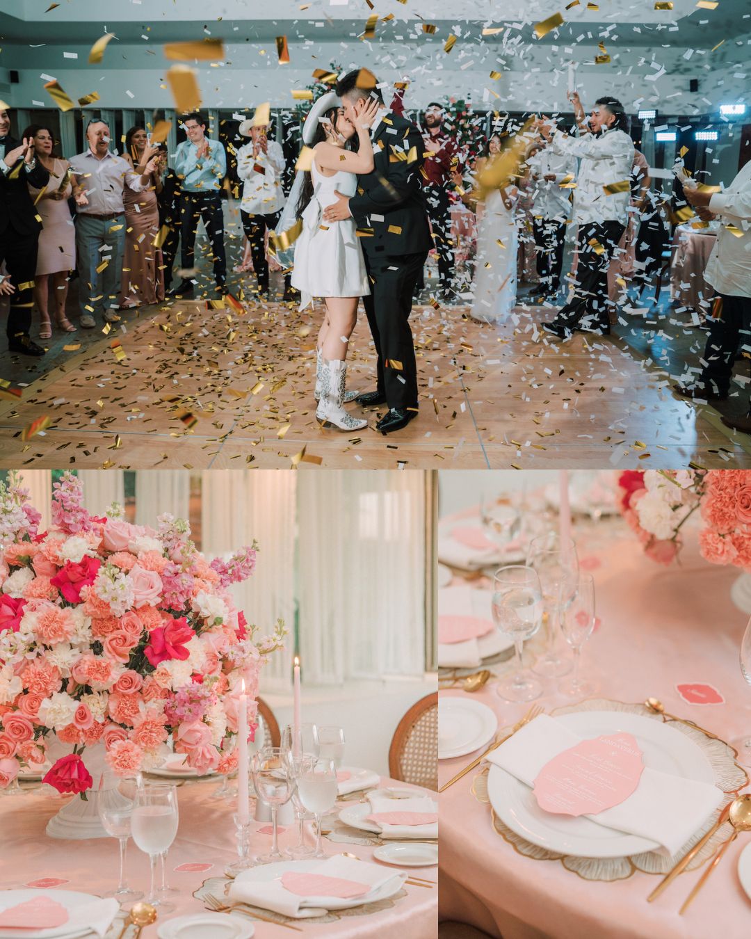 A couple kisses on the dance floor amid confetti, while guests watch; below, tables are set with pink floral centerpieces and elegant place settings.