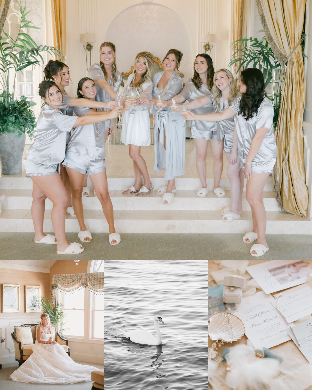A bride and bridesmaids in matching robes pose with drinks; below are photos of the bride, ocean waves, and wedding stationery.