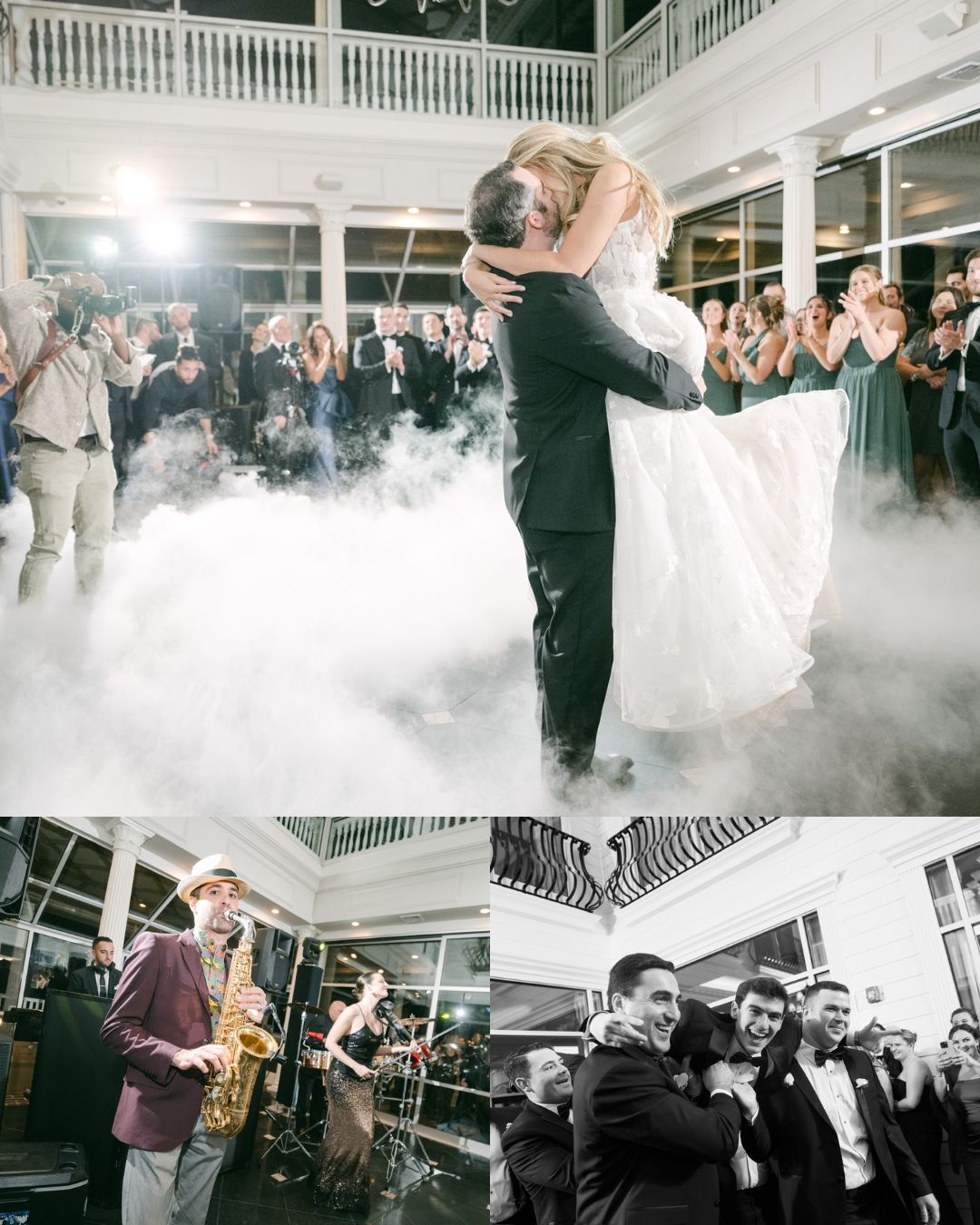 A bride and groom dance surrounded by guests and fog; below, a band performs and guests celebrate at a wedding reception indoors.