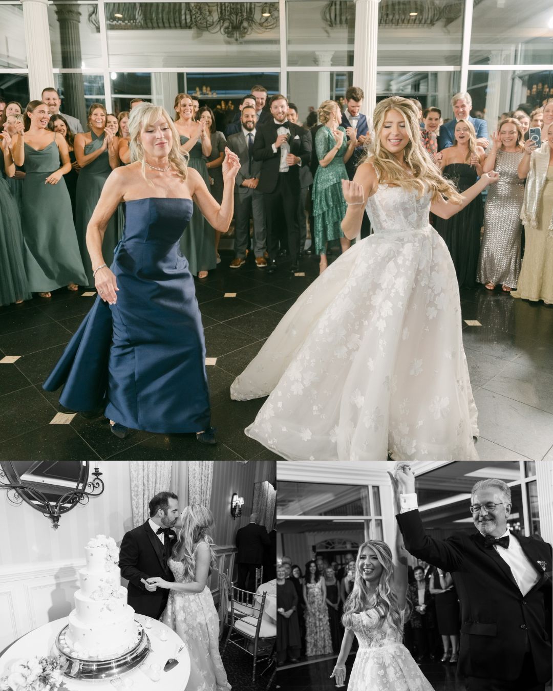 A bride in a white gown dances with a woman in a blue dress in front of guests; below, the bride cuts cake and dances with an older man.