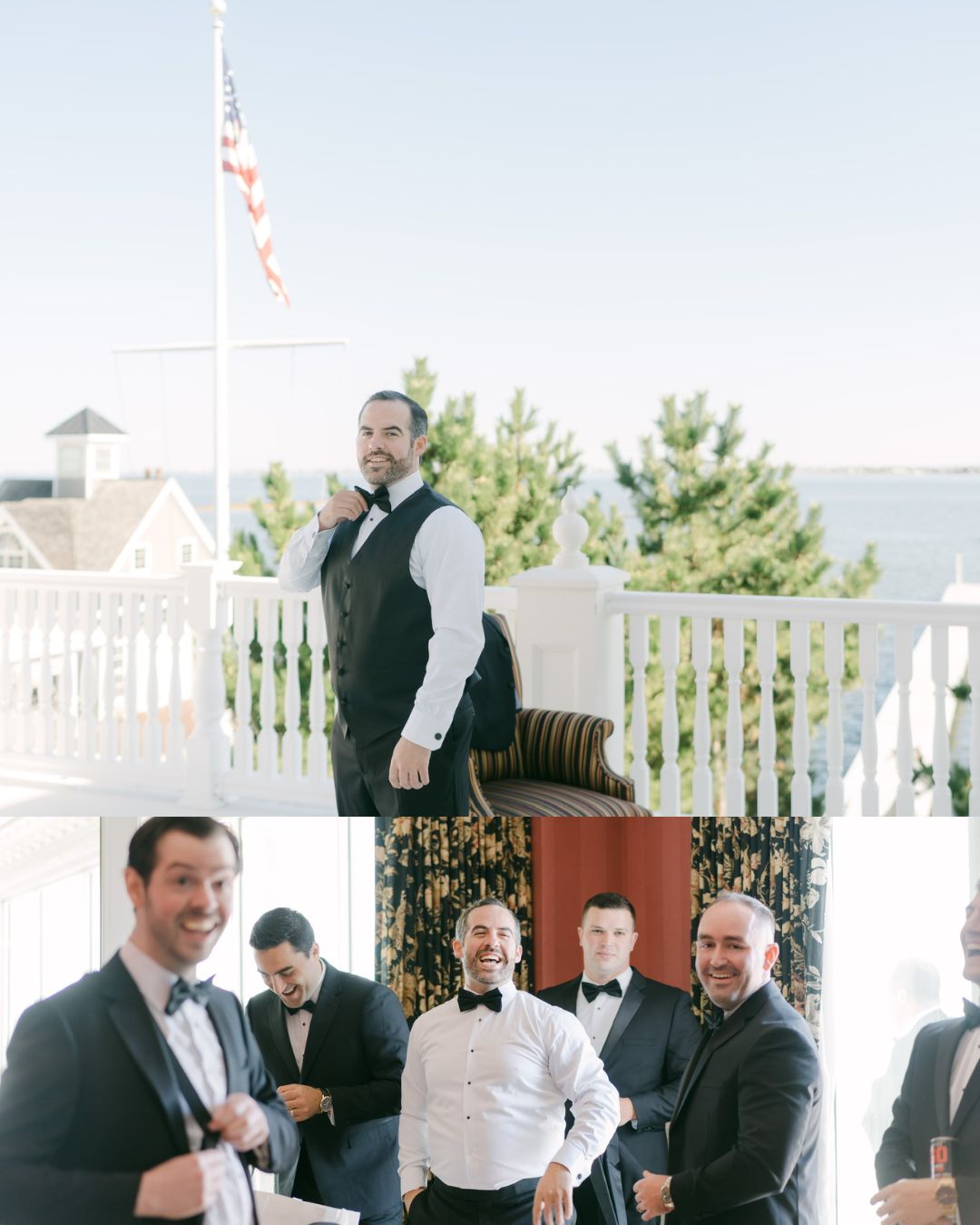 Two photos: The top shows a man in formal wear on a balcony with trees, water, and a U.S. flag in the background. The bottom shows five men in suits smiling indoors.