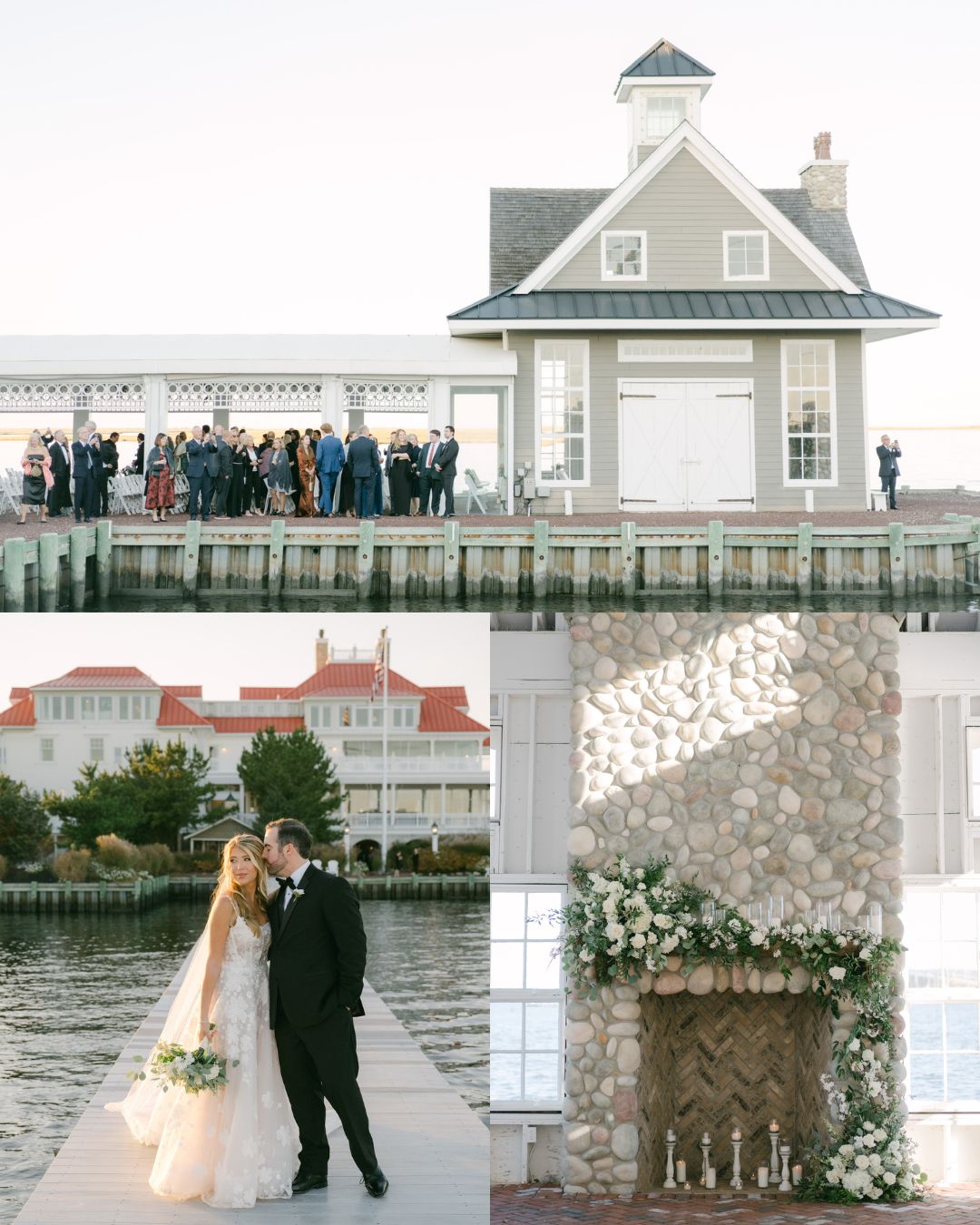 A collage shows a waterfront venue with people on a pier, a house by the water, a bride and groom on a dock, and a stone fireplace decorated with flowers and candles.