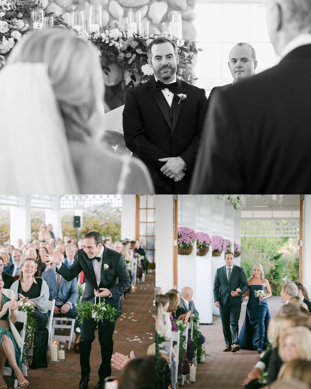 Three photos from a wedding ceremony: a groom waits at the altar, a man walks down the aisle, and guests watch and smile in a decorated indoor venue.