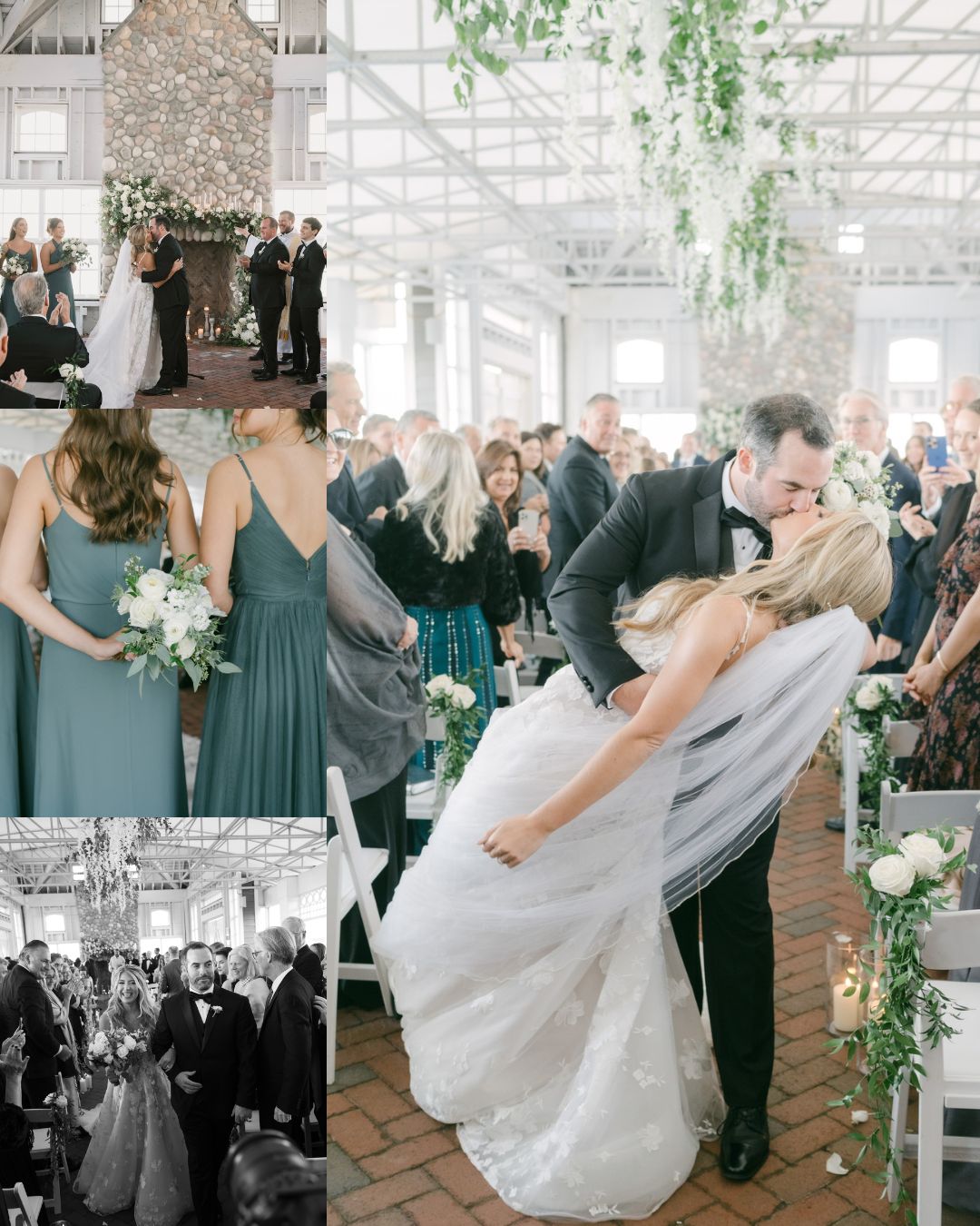 Collage of wedding scenes including a couple kissing in the aisle, bridesmaids in blue dresses, and guests gathered in a bright venue decorated with greenery.