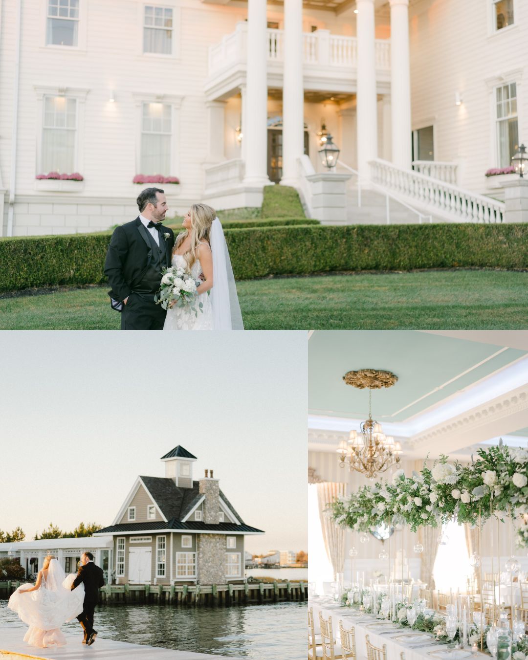 A bride and groom stand outside a large white mansion; below, a couple walks by a waterfront building and a decorated wedding reception table is shown indoors.