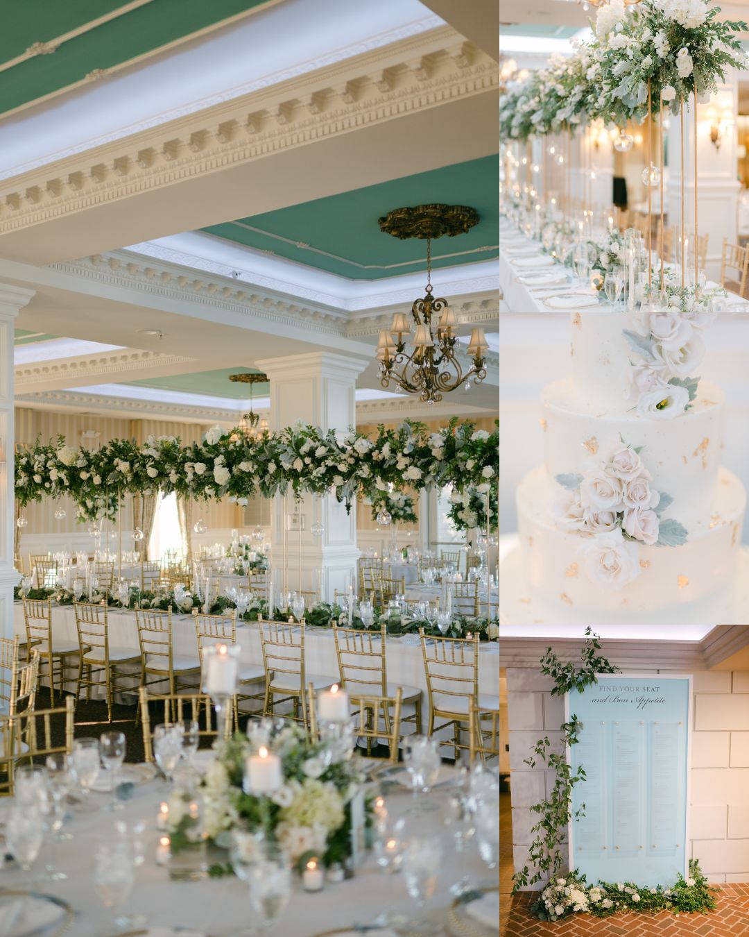 Elegant wedding reception setup featuring long tables with white flowers and greenery, gold chairs, chandeliers, and floral decorations throughout the venue.