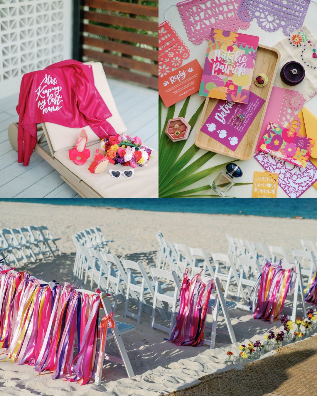 A collage shows a pink jacket and accessories, colorful wedding invitations, and an outdoor beach ceremony setup with chairs decorated with pink, orange, and white ribbons.