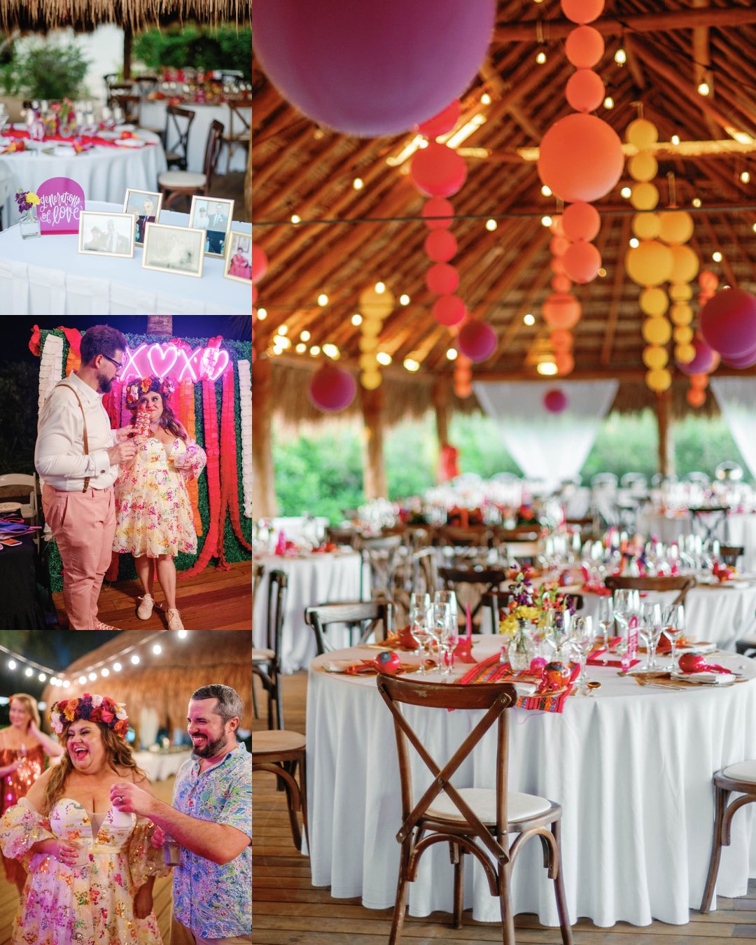 A decorated event venue with round tables set for a celebration, colorful balloons hanging from the ceiling, and people smiling and interacting.