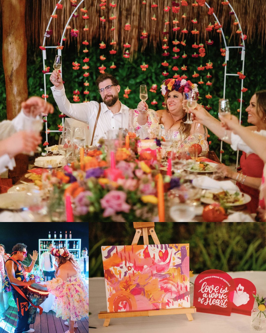 A bride and groom toast with guests at a colorful, flower-decorated wedding table; below, they dance and a painted canvas with "Love is in the air" is displayed.