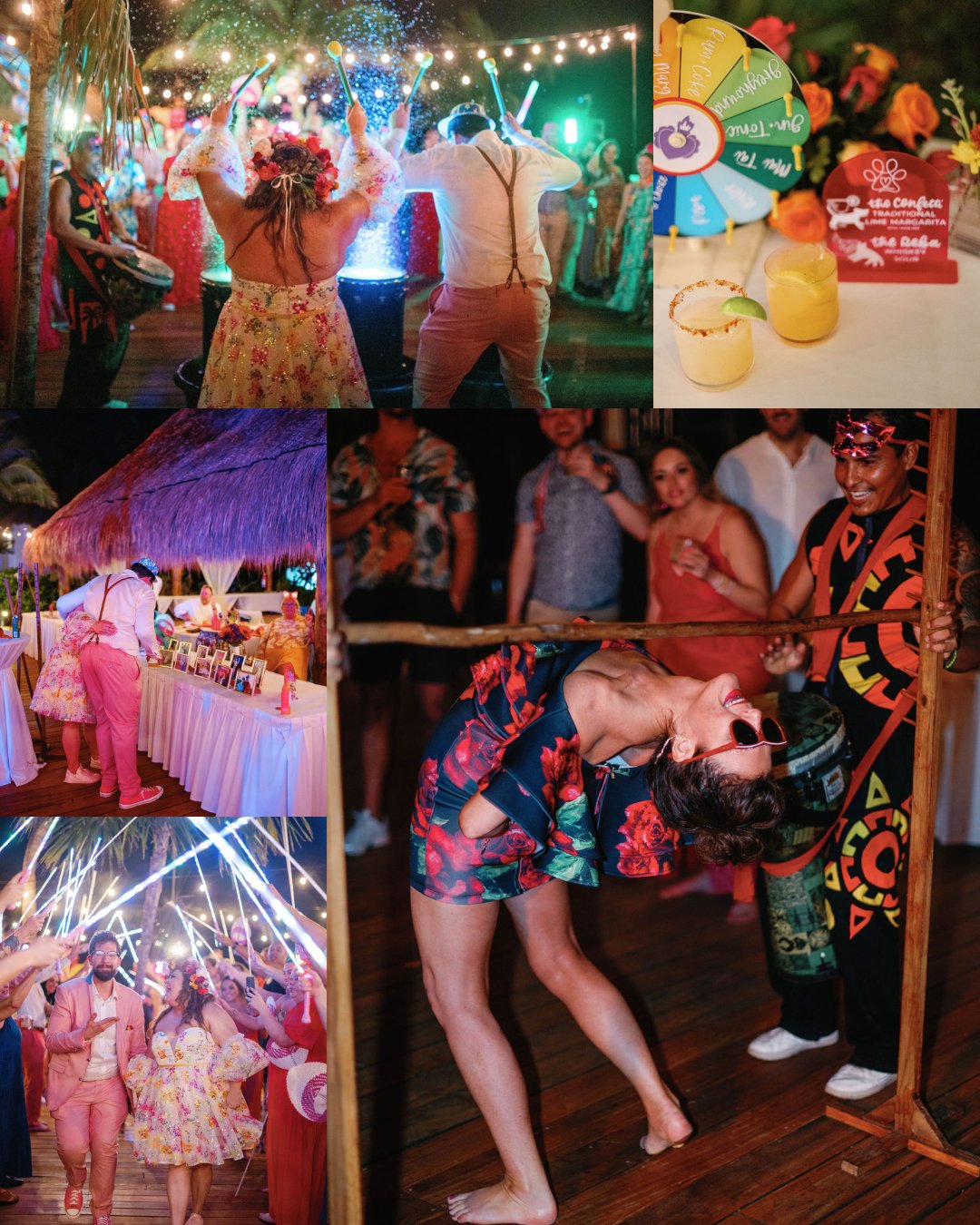 A lively tropical-themed party with dancing, limbo, decorated guests, buffet, and colorful accessories under string lights.