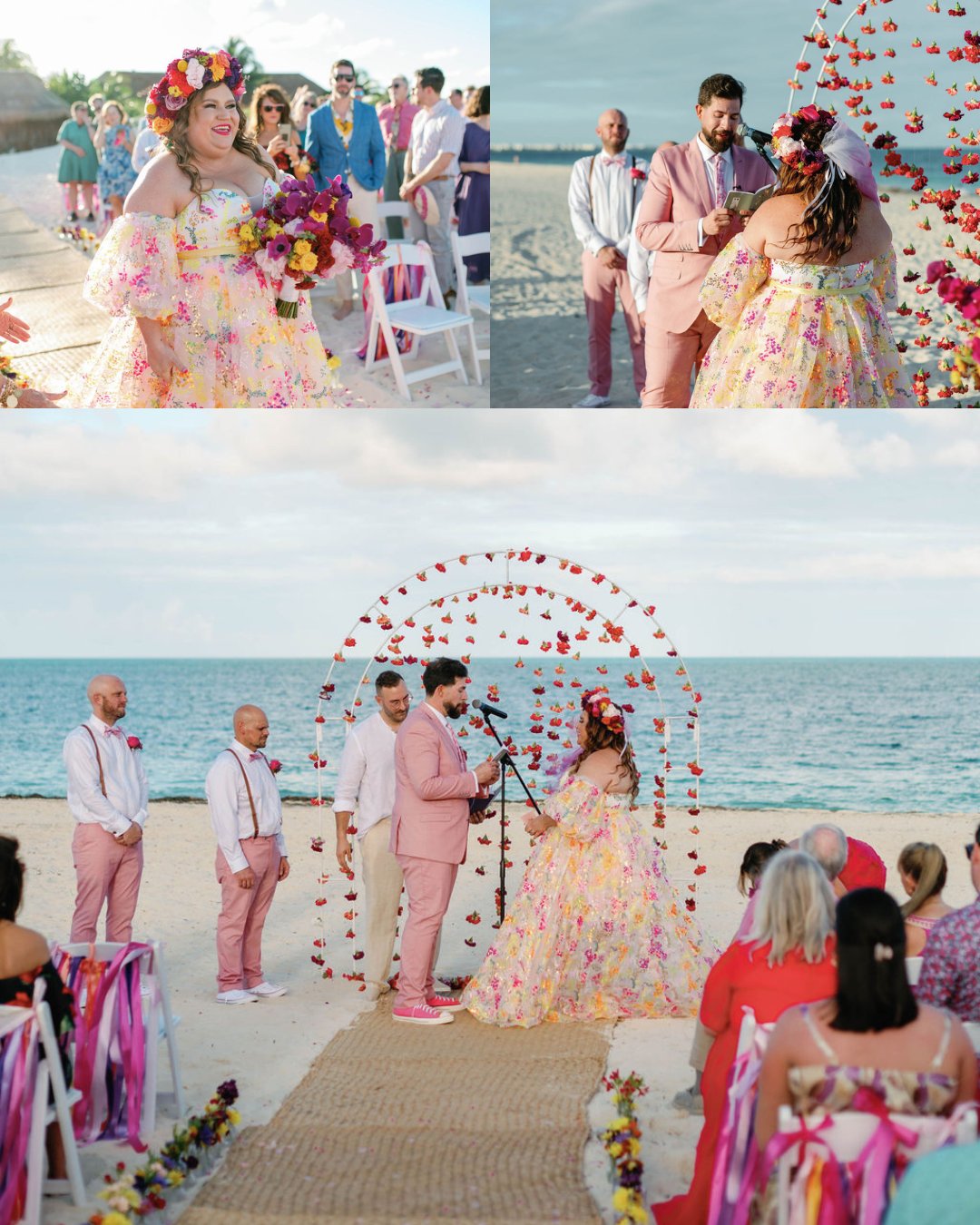 A couple exchanges vows at an outdoor beach wedding ceremony, with guests seated and attendants nearby under a floral arch by the ocean.