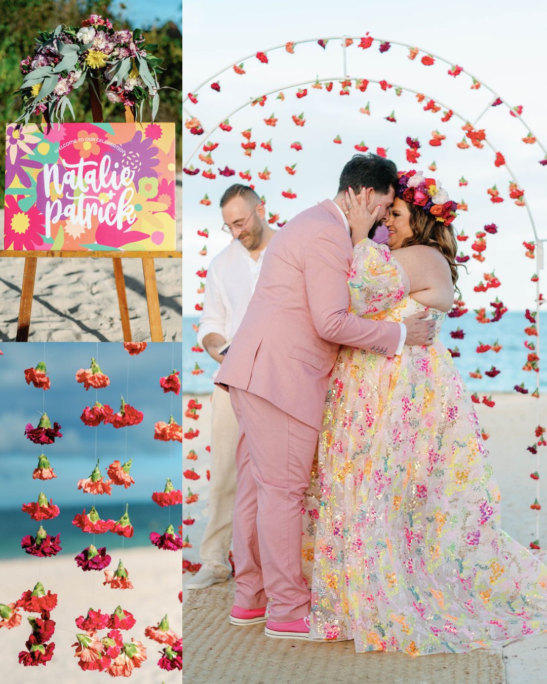 Collage of a colorful beach wedding featuring a couple in pastel floral attire, a sign reading "Natalie &amp; Patrick," and red flowers hanging on arches and scattered on sand.