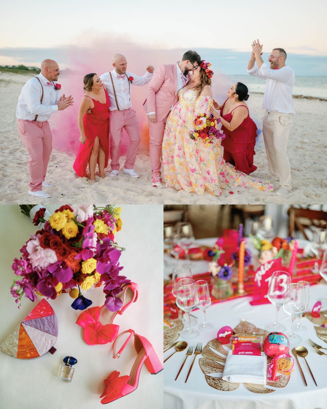 A beach wedding with guests in pink and red, a smoke bomb, bright floral arrangements, colorful shoes, and a decorated table set for a reception.