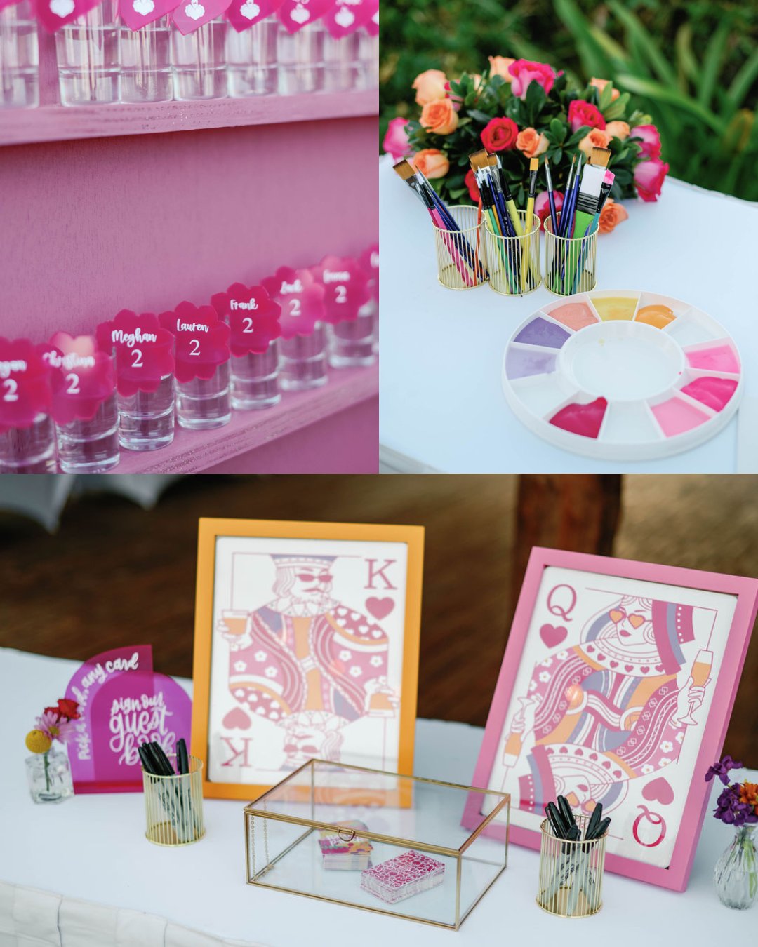 A collage shows name cards in clear holders, colorful pens with a paint palette, and two framed playing card designs on a table with flowers and sign-in cards.