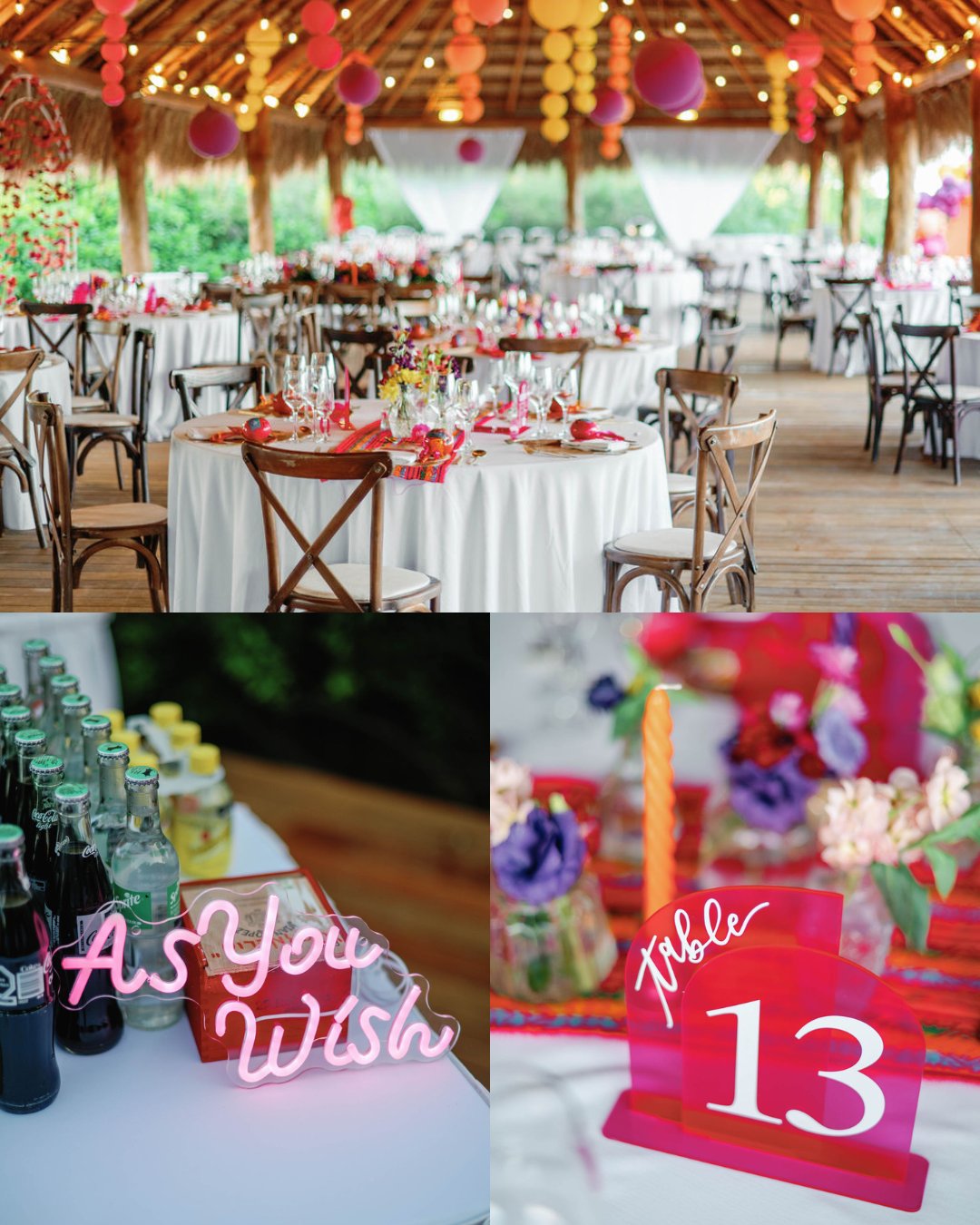 A decorated event venue with round tables, colorful hanging lanterns, a drink station with neon signs, and a table number 13 centerpiece with flowers and candles.