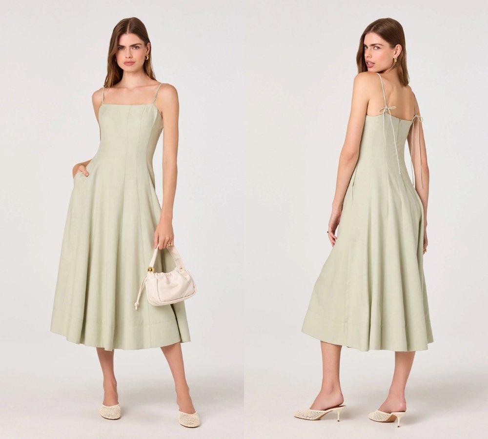 A woman wearing a light green, sleeveless, calf-length dress and beige shoes is shown from the front and back against a plain background. She holds a small white handbag.