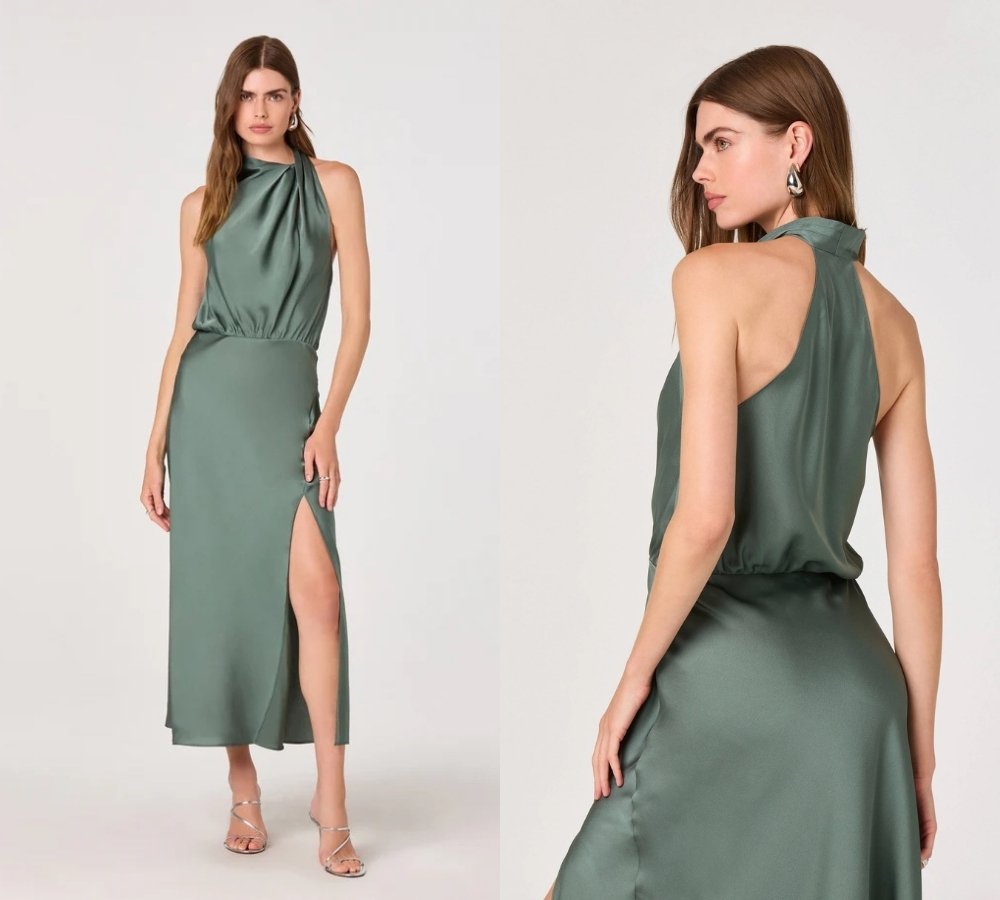 Woman wearing a sleeveless, high-neck, sage green satin dress with a side slit, posing in front and side views against a plain background.