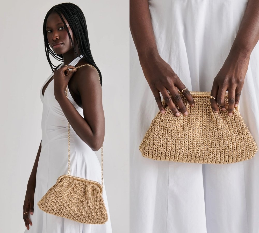 Woman in a white dress holds a woven beige clutch bag; close-up shows the texture and handle details of the bag.