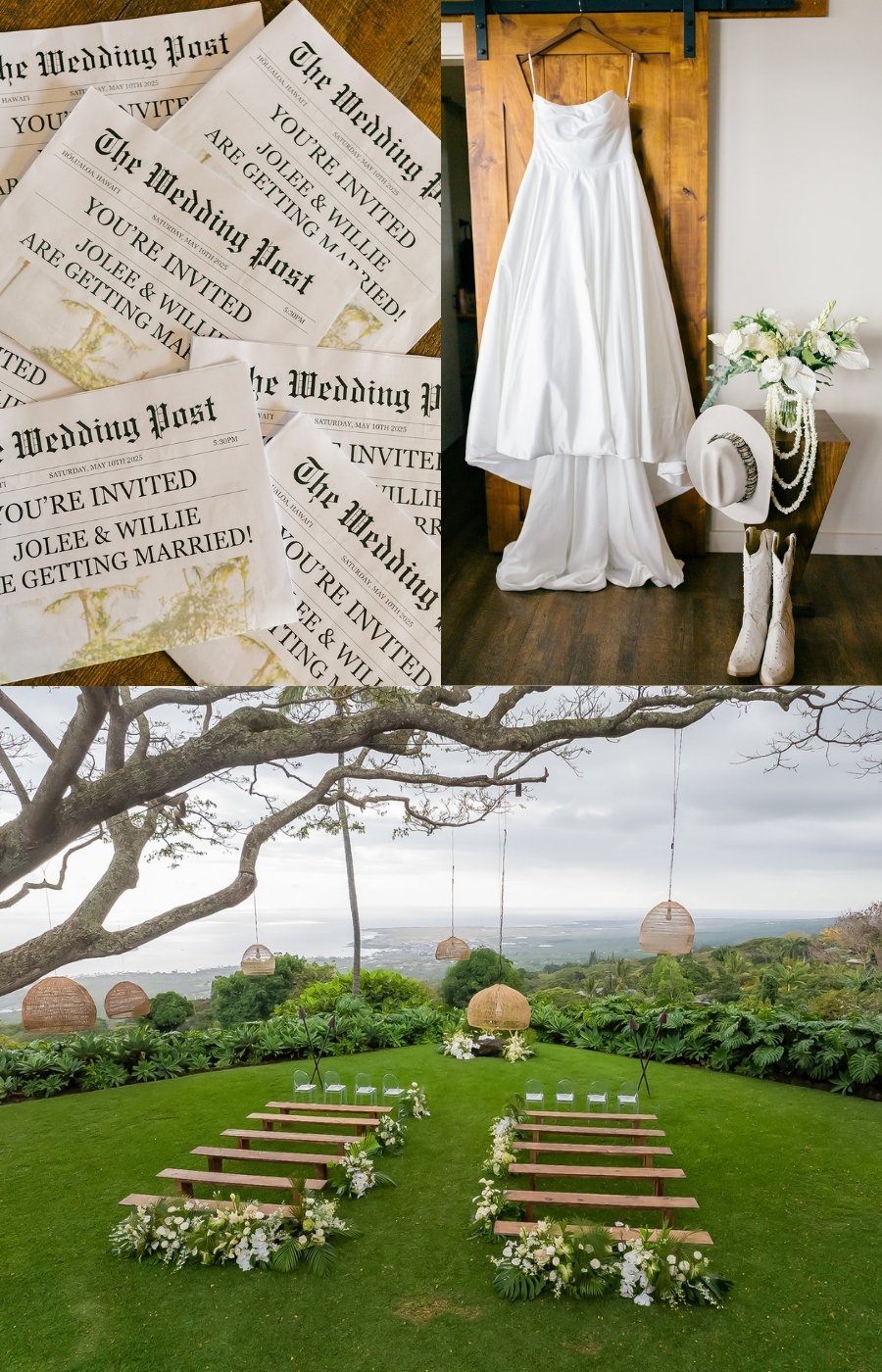 Wedding invitations, a white bridal dress with accessories, and an outdoor ceremony setup with rows of benches and floral decorations on a green lawn.