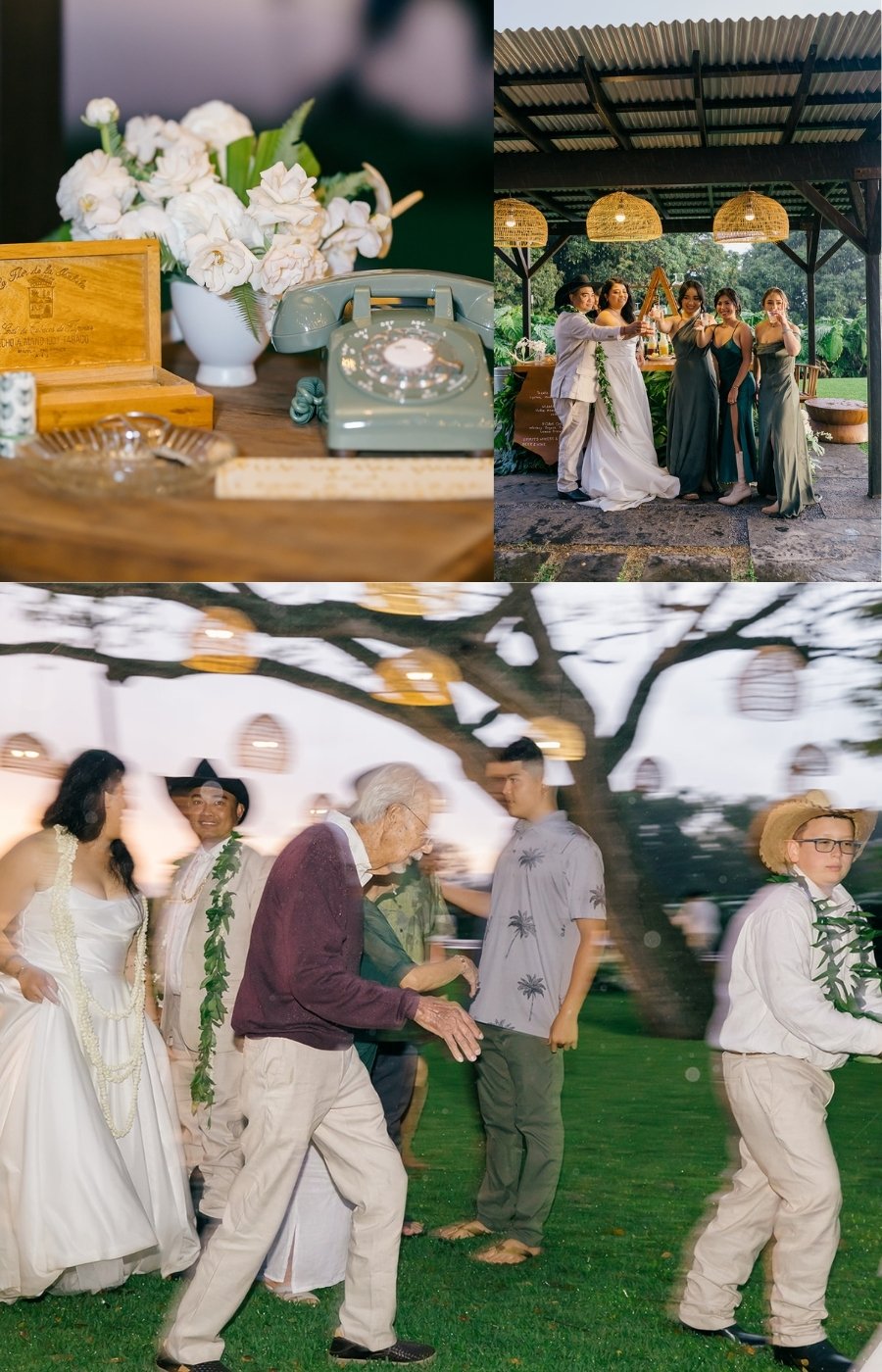 A collage showing a flower arrangement and vintage phone, a group photo with a wedding party, and guests walking outdoors at a wedding.