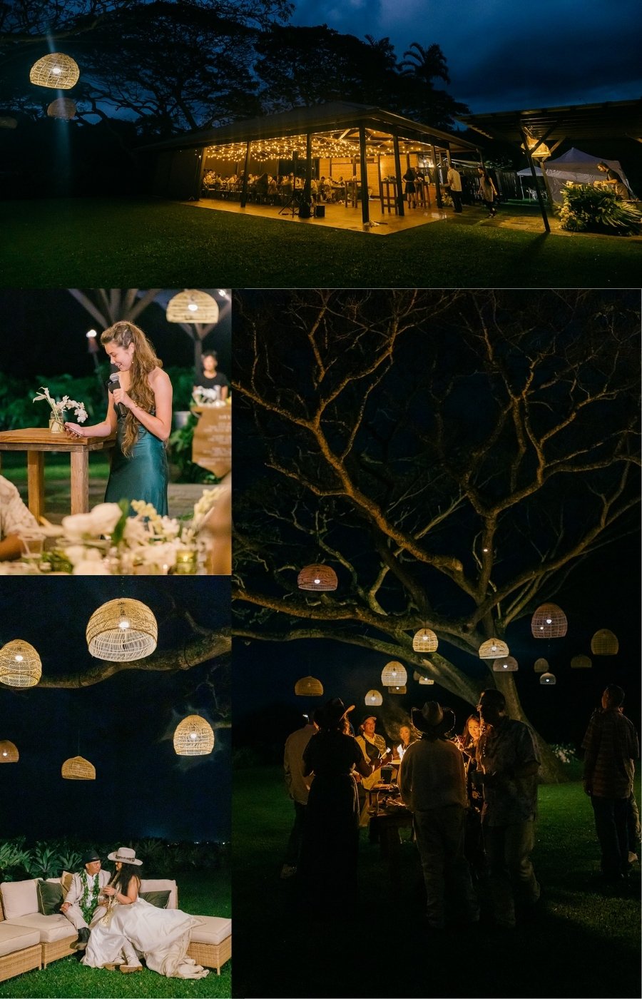 Outdoor evening wedding reception with hanging lanterns, guests gathered under a large tree, and a lit venue in the background. Some people are seated or standing, engaged in conversation.