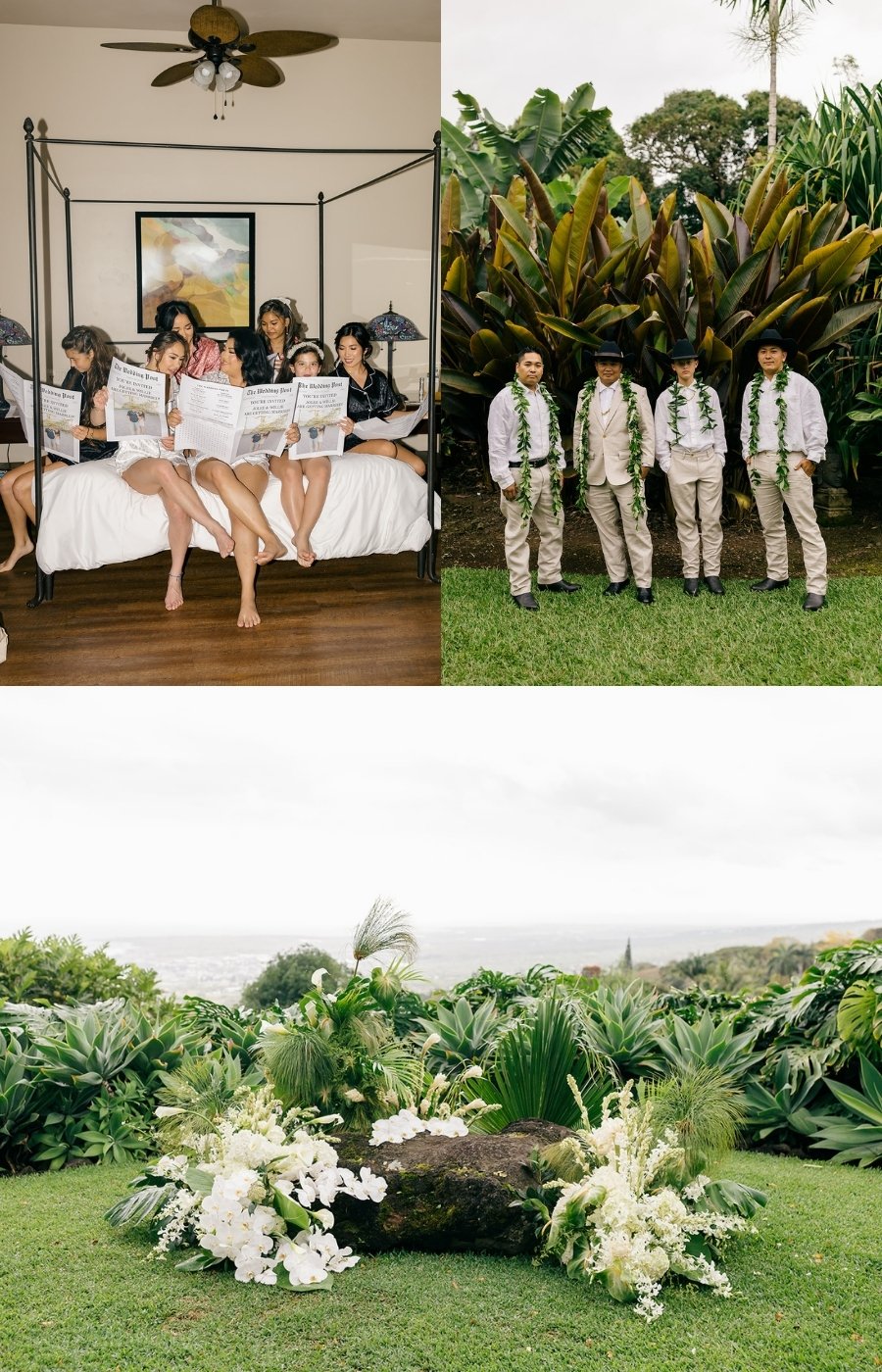 A collage of three images: people in pajamas sit on a bed, a group in formal wear stands outdoors, and a floral arrangement is set in a lush garden.