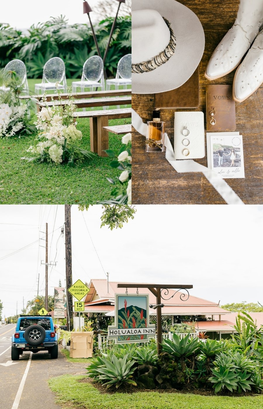 Collage of three images: outdoor wedding chairs and flowers, wedding accessories on a wooden table, and a blue car driving past a tropical restaurant sign.