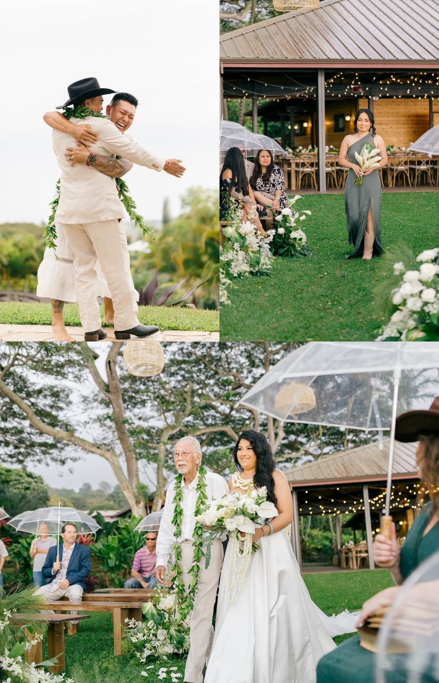 A collage of outdoor wedding scenes showing guests, a couple embracing, a bridesmaid walking, and a bride walking down the aisle with an older man under umbrellas.