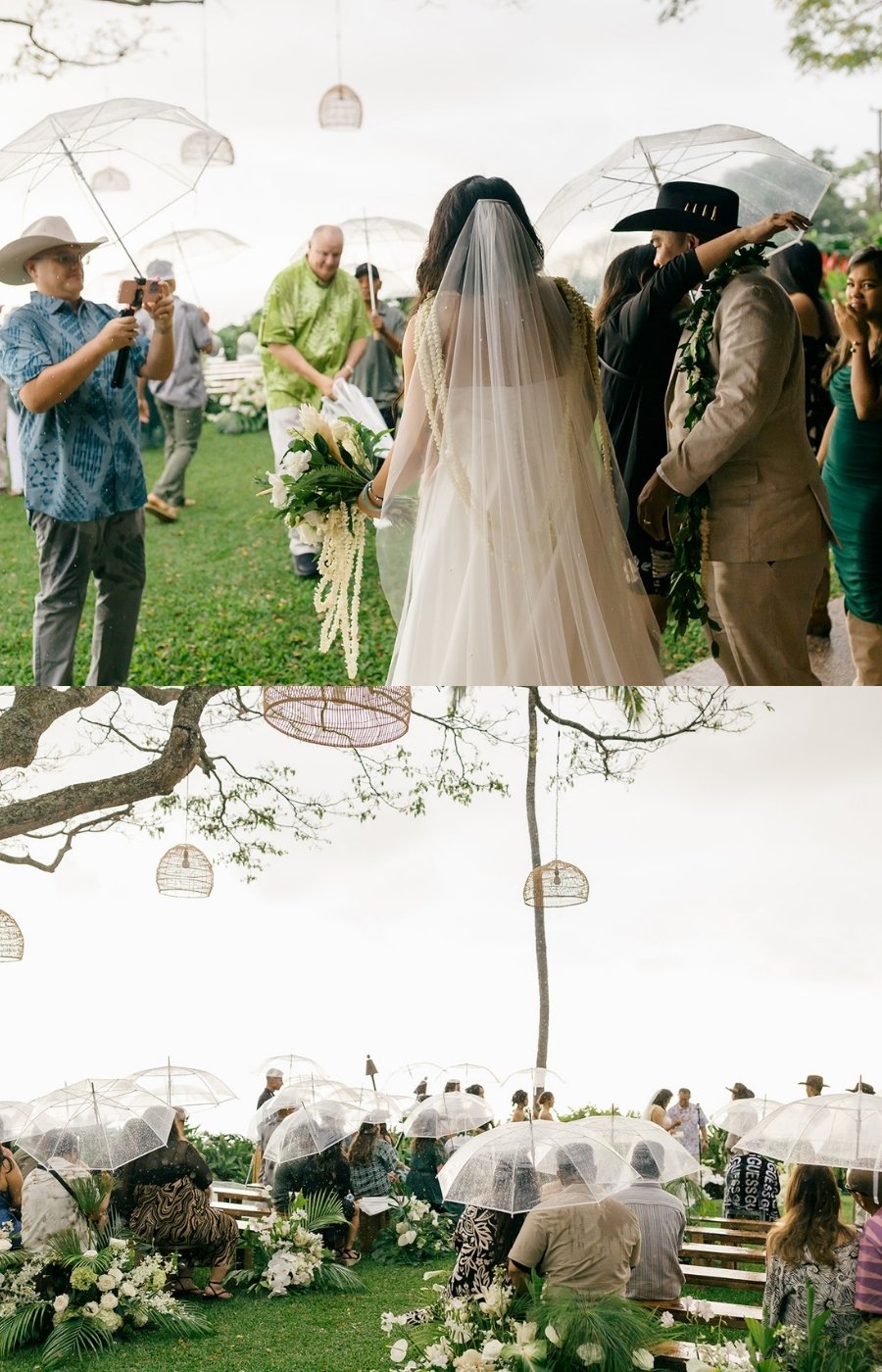 Two photos of an outdoor wedding ceremony: guests and wedding party holding clear umbrellas on a grassy area decorated with white flowers.