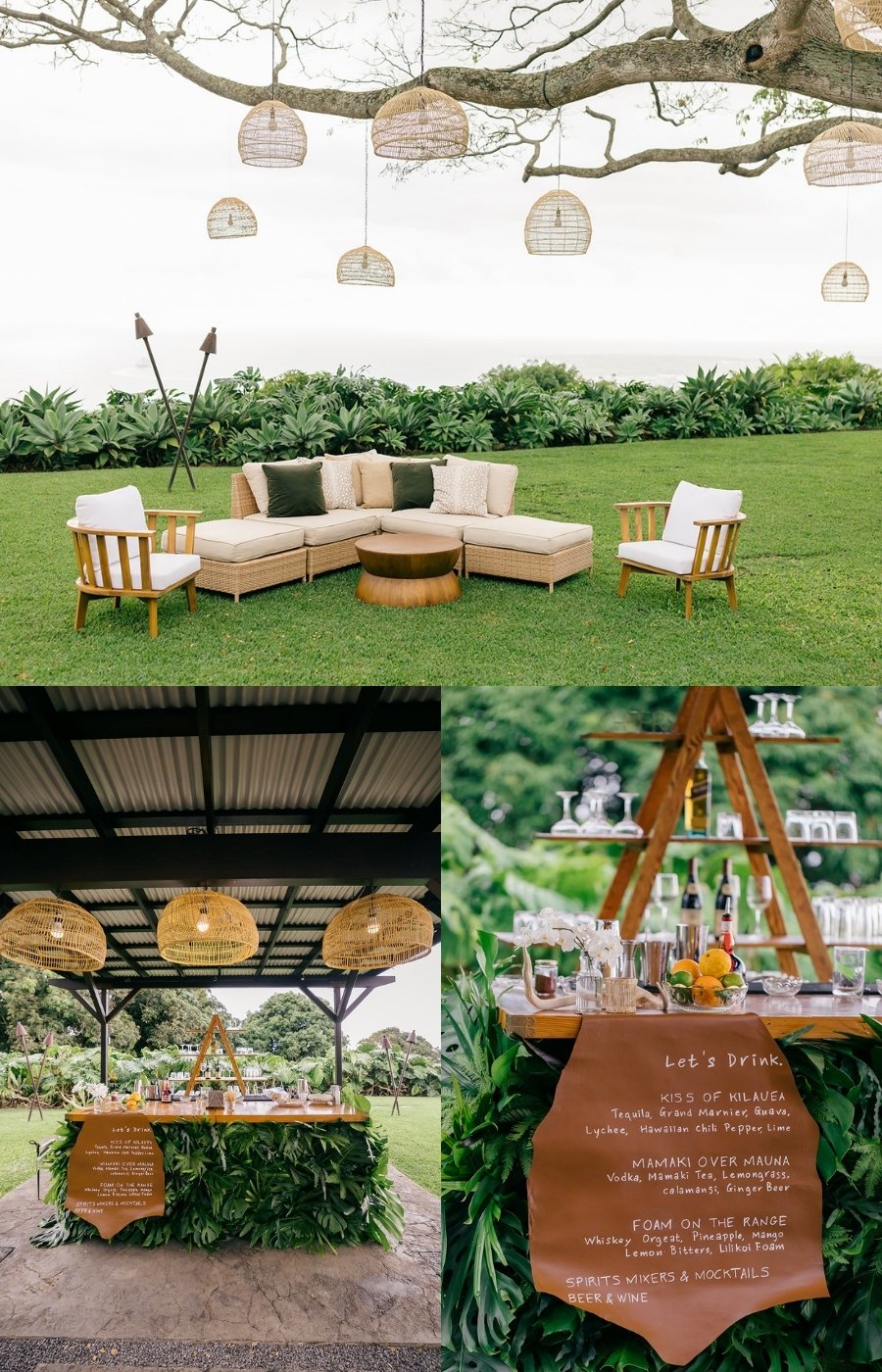 Outdoor event setup with a beige lounge sofa, a plant-covered bar, hanging woven lights, and a wooden drink station with a brown menu sign.