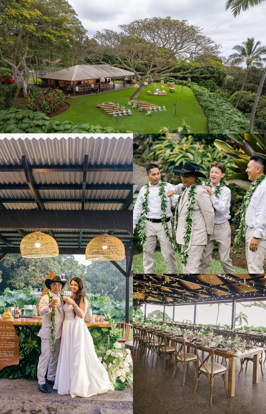A collage showing an outdoor wedding venue, groomsmen in leis, a bride and groom, and a decorated reception area with wooden tables and greenery.