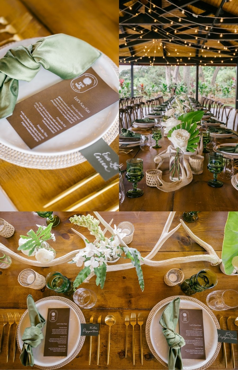 Collage showing a rustic wedding table setting with green napkins, gold cutlery, menus on plates, white flowers, and string lights overhead.
