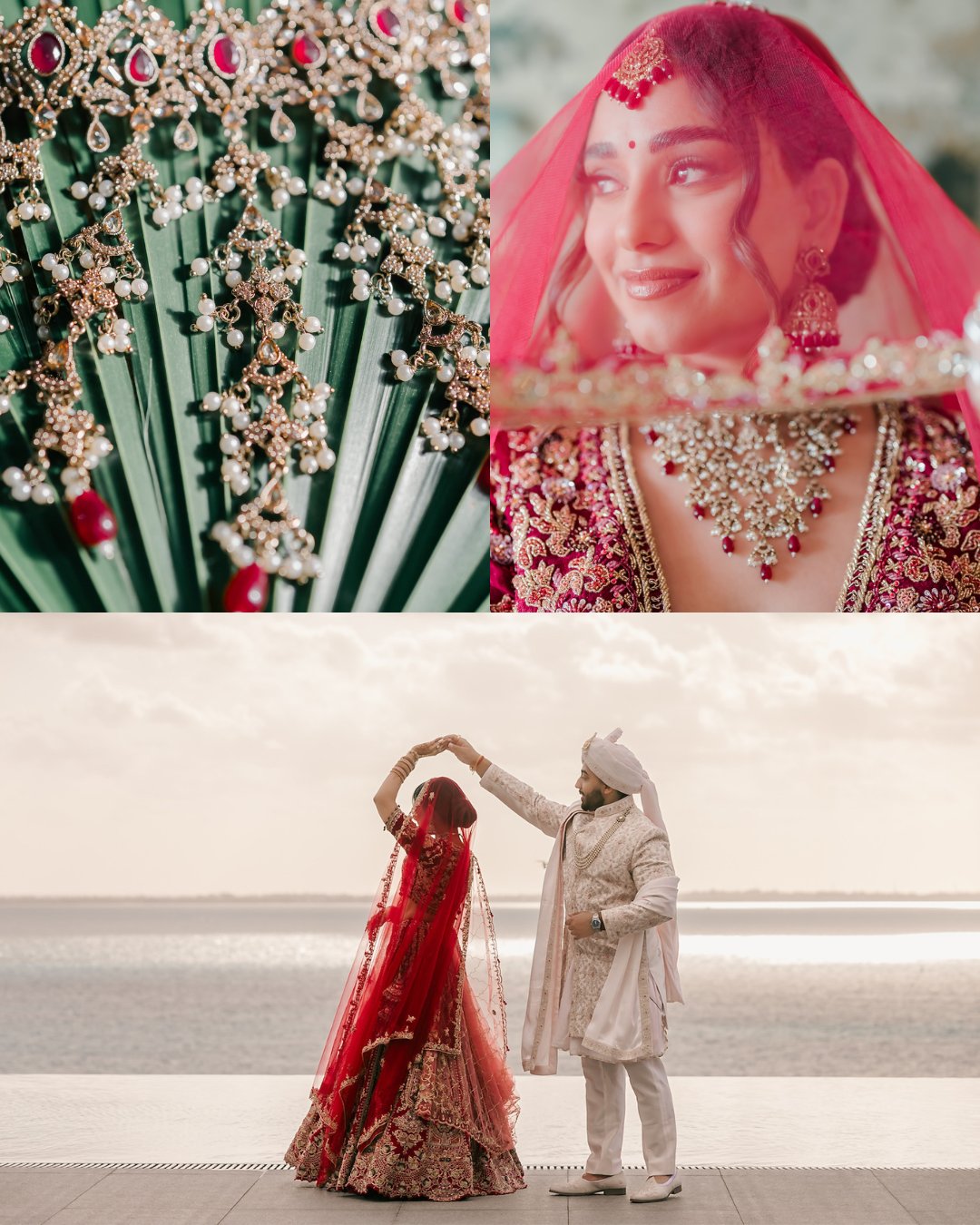 A bride in red and gold attire with jewelry, a close-up of her accessories, and a wedding couple dancing outdoors near water.