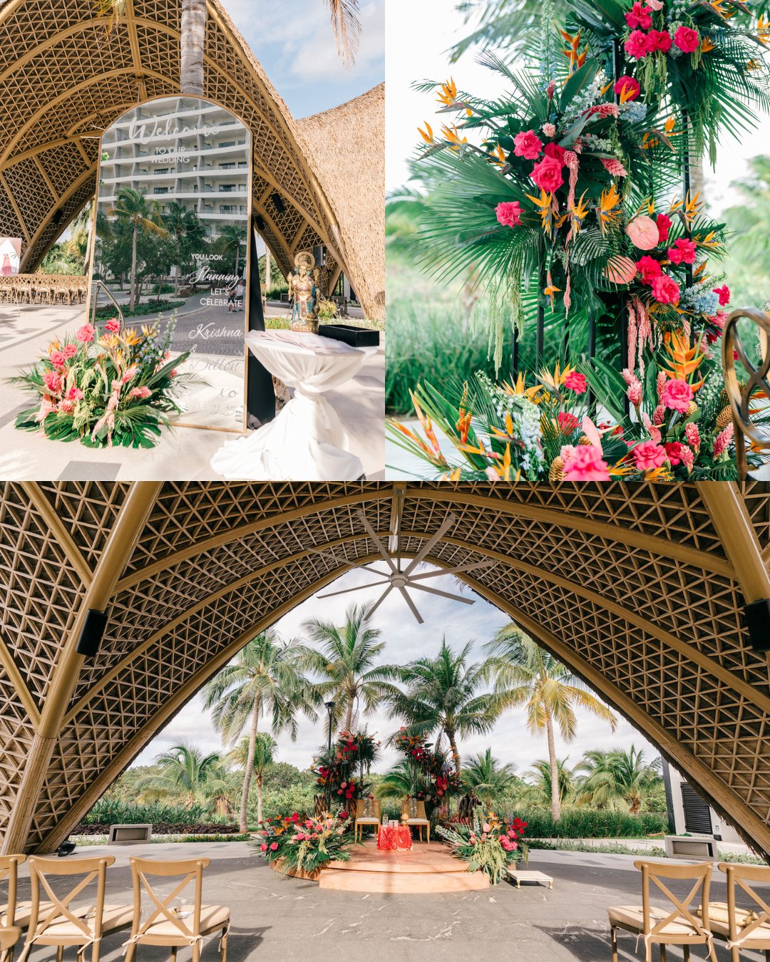 A tropical-themed wedding venue featuring a mirrored seating chart, vibrant floral arrangements, and an open-air bamboo pavilion with palm trees in the background.