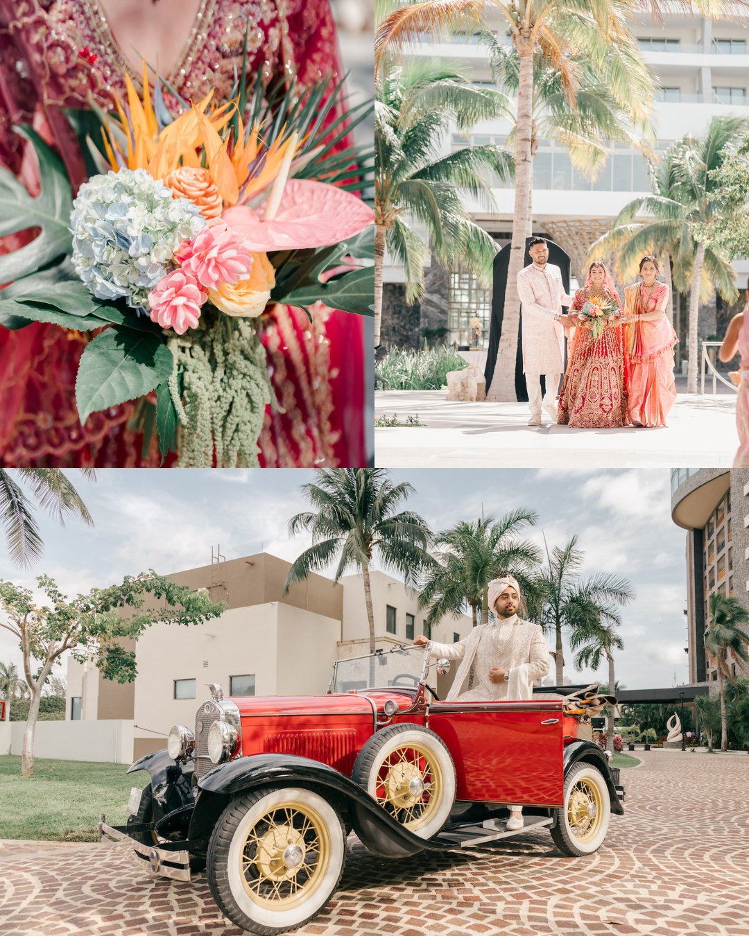A bride holding a colorful bouquet, a couple in traditional attire walking together, and a groom posing with a vintage red car outside a modern building.